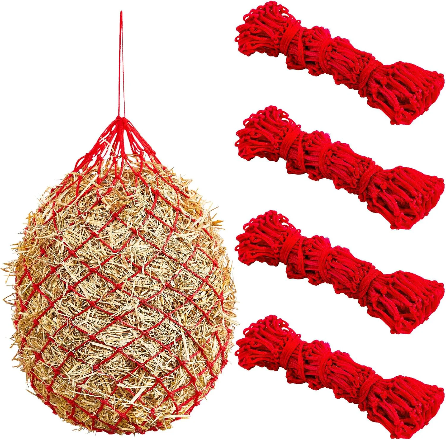 Trusted Fabbay 4 Pcs Slow Feed Hay Net Feeder Hay Bag for Horses Slow Feeder 40 Inch Length with 2 Inch Holes Hanging Horse Feed Net for Goat Cattle Equine Stalls Barn Supplies Red Solid