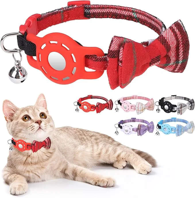 World-Class Airtag Cat Collar with Bells and Bowtie -Safety Elastic Band Kitten Collar Specialty
