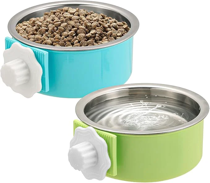 Classic 2 Pieces Crate Dog Bowl Removable Stainless Steel Pet Kennel Hanging Food World-Class
