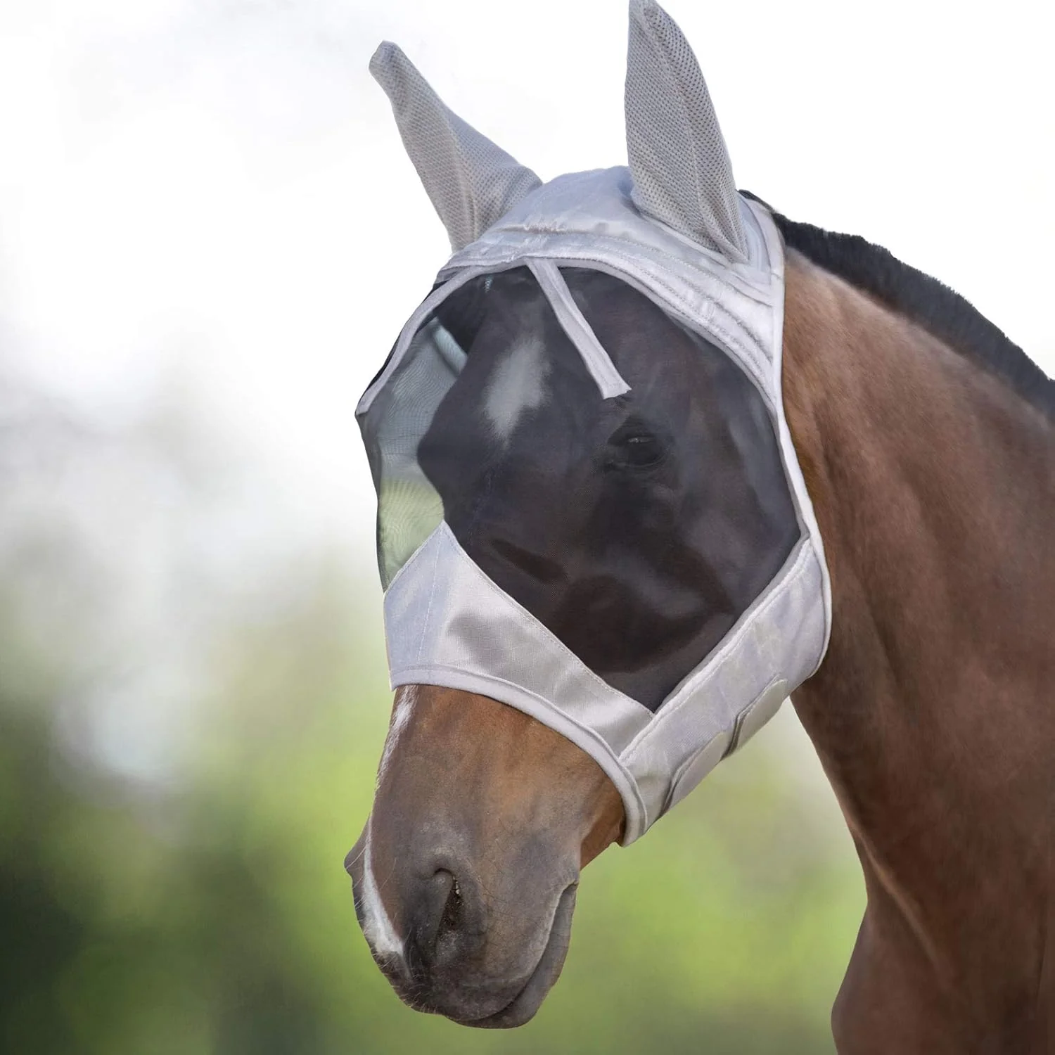 Reusable Harrison Howard CareMaster Horse Fly Mask Half Face with Ears Silver Black Retro Medium Cob Trendy