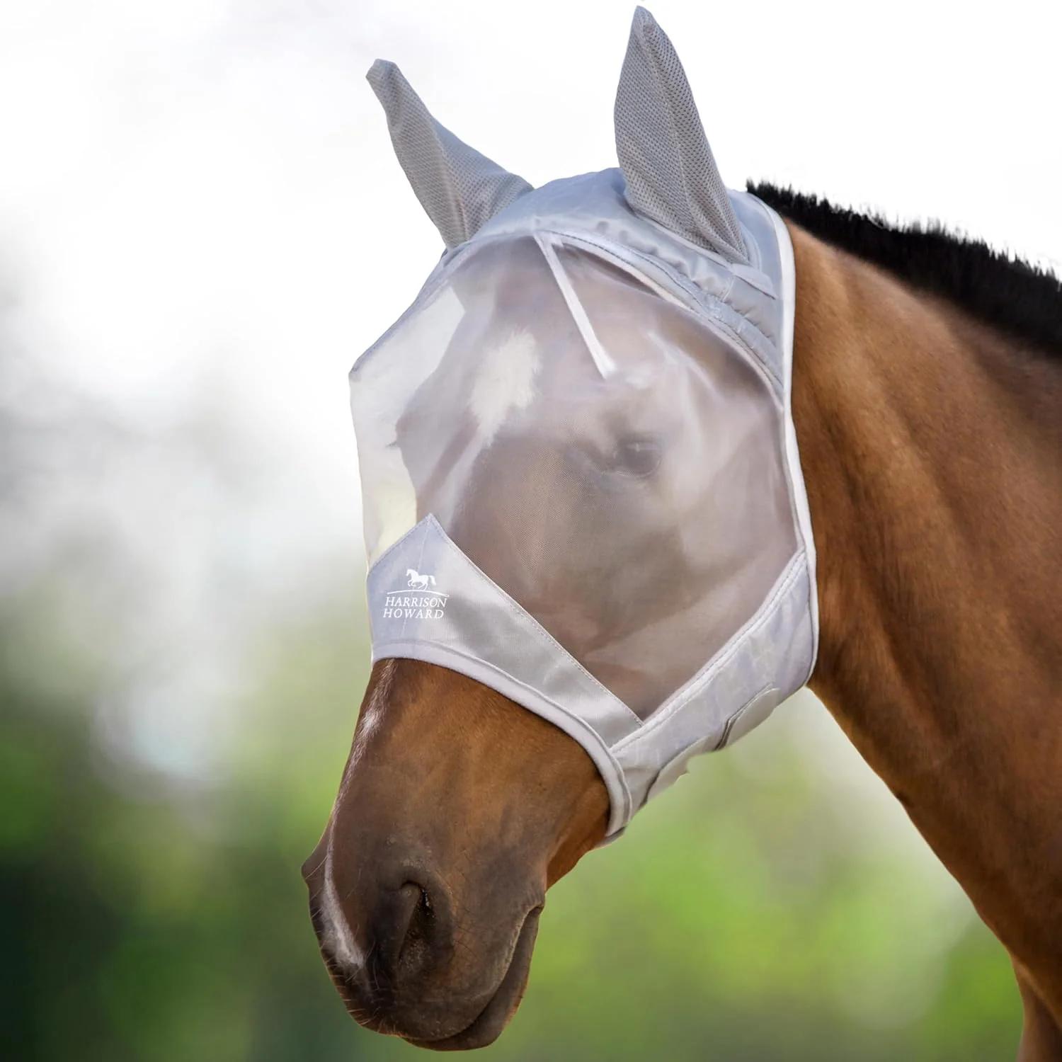 Functional Harrison Howard CareMaster Horse Fly Mask Half Face with Ears Moonlight Silver XL Extra Full Size Exclusive