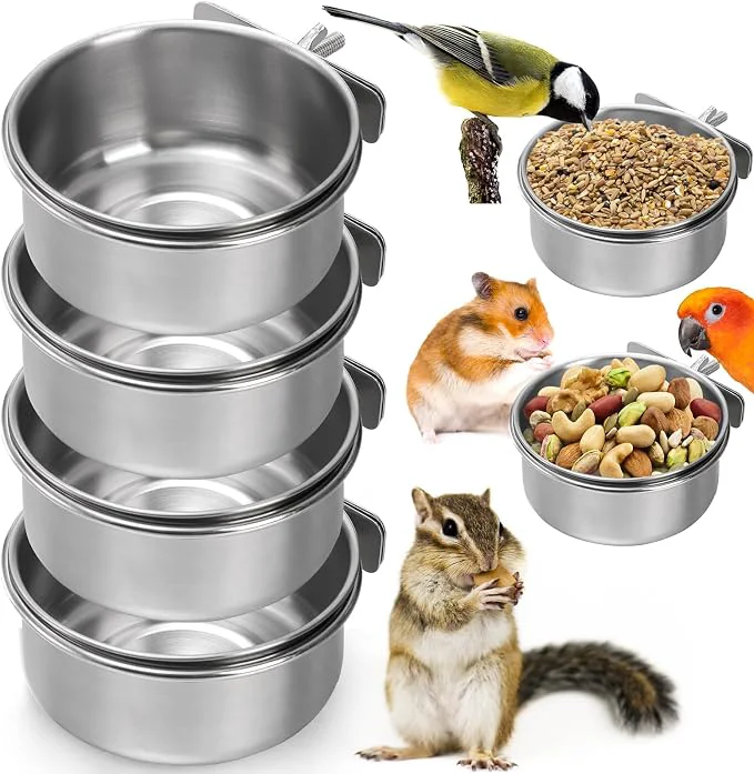 Elite Okllen 4 Pack Bird Feeding Dish Cups Detachable Stainless Steel Bird Food Bowls Soft