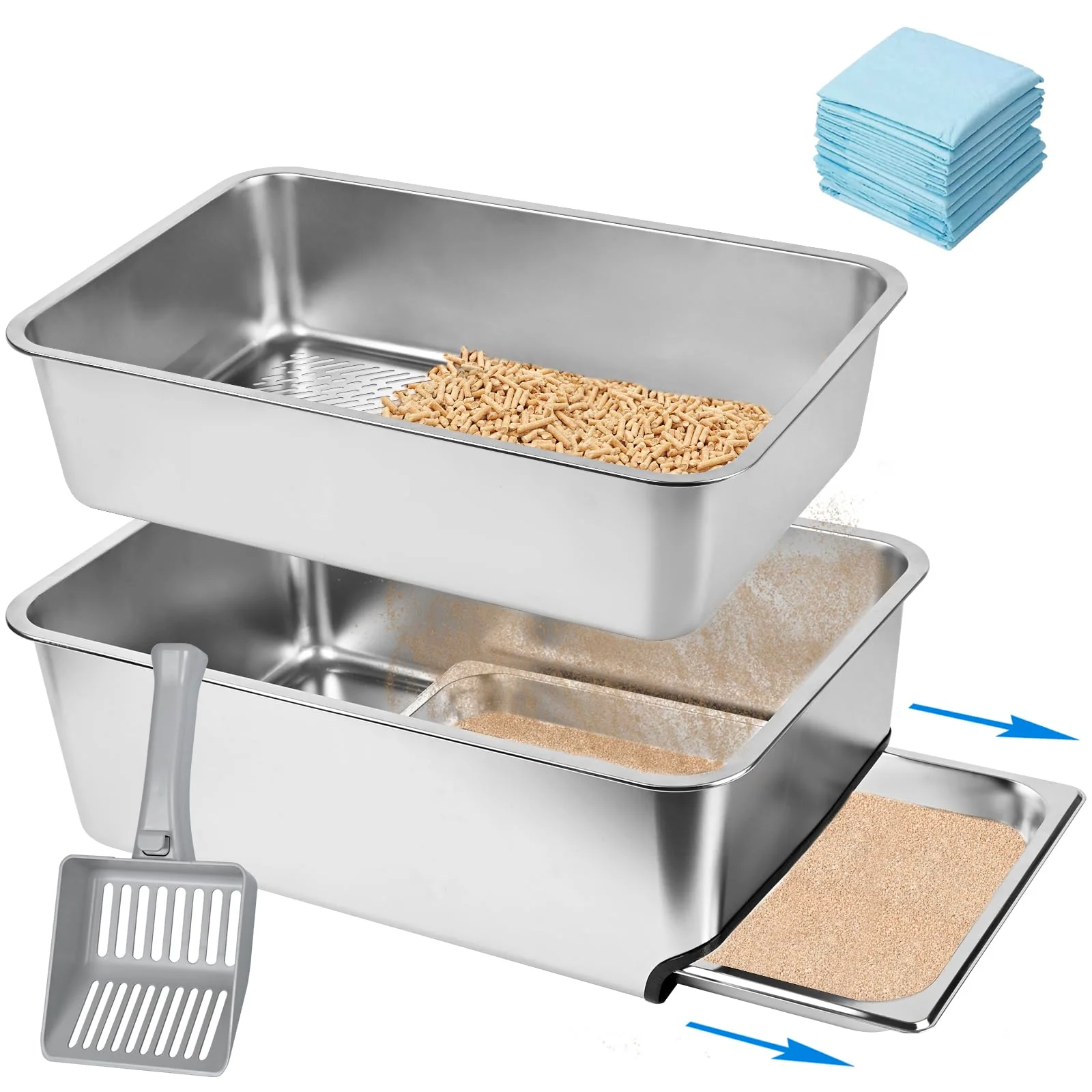 Sophisticated Homegroove XXL Stainless Steel Sifting Litter Box for Pine Pellets - High Sides - 23.5 x 15.7 x 8 in Reliable