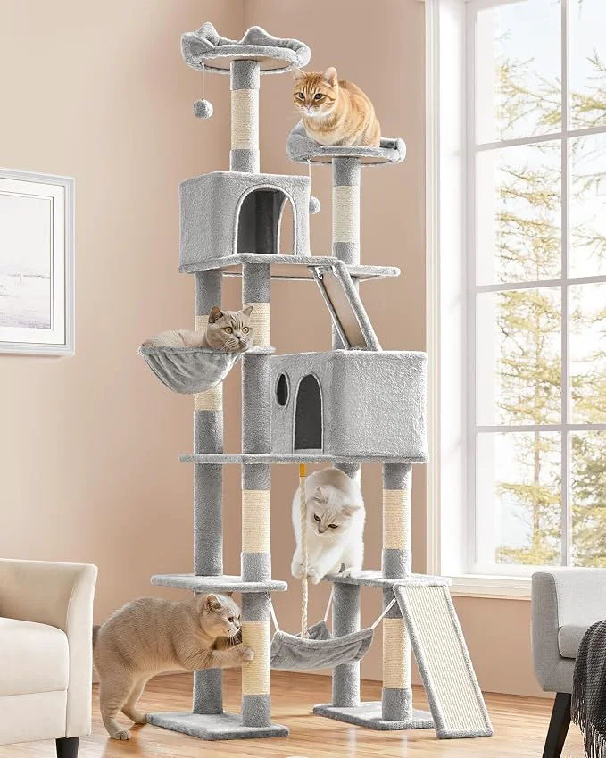 Sophisticated Yaheetech Cat Tree 82.5in Large Tower w Hammock 2 Kitty-Ear Perches 2 Cozy Durable
