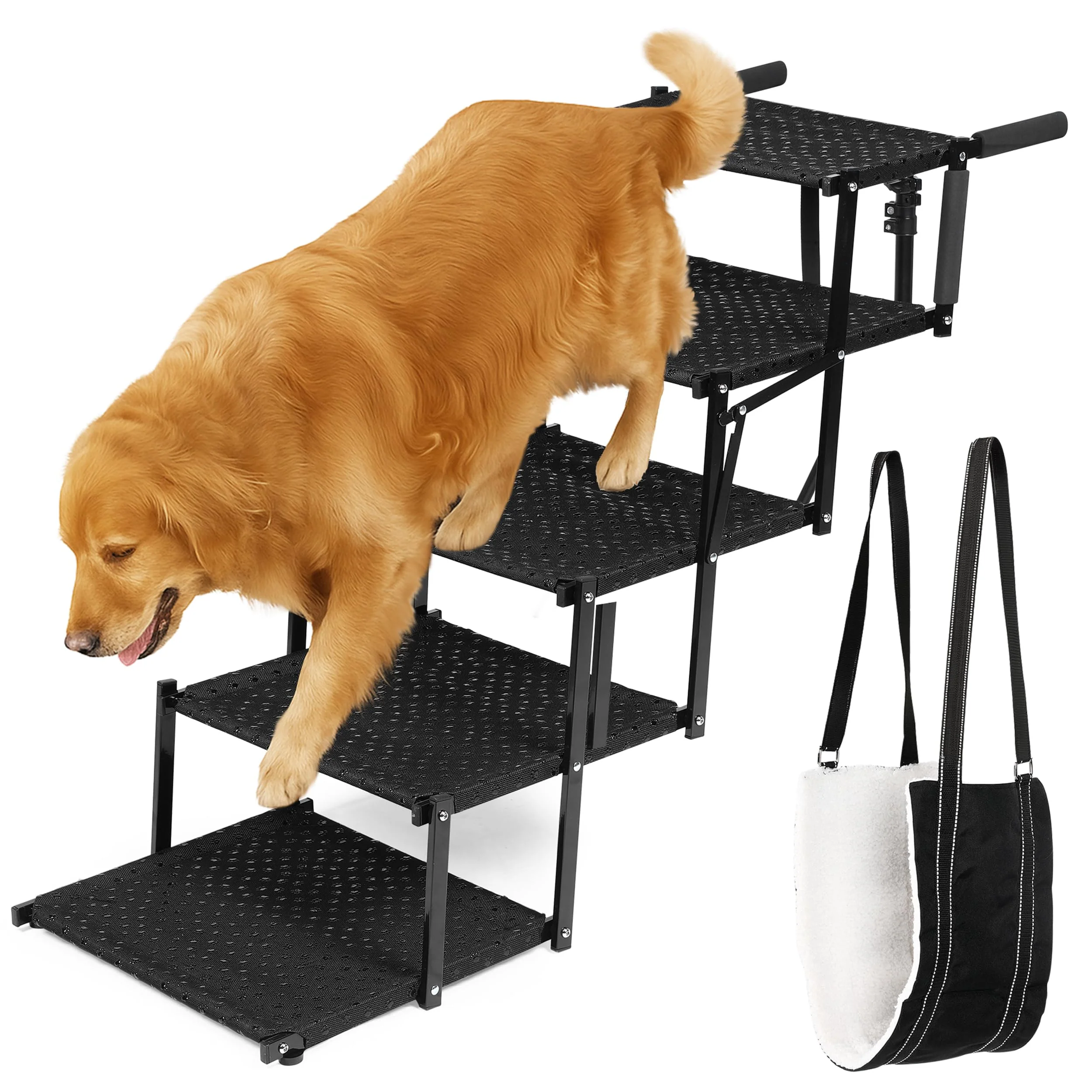 Trusted VERALUX Dog Stairs for Large Dogs – 5 Step Foldable Car Ladder XL Lift Harness 200 lbs Durable