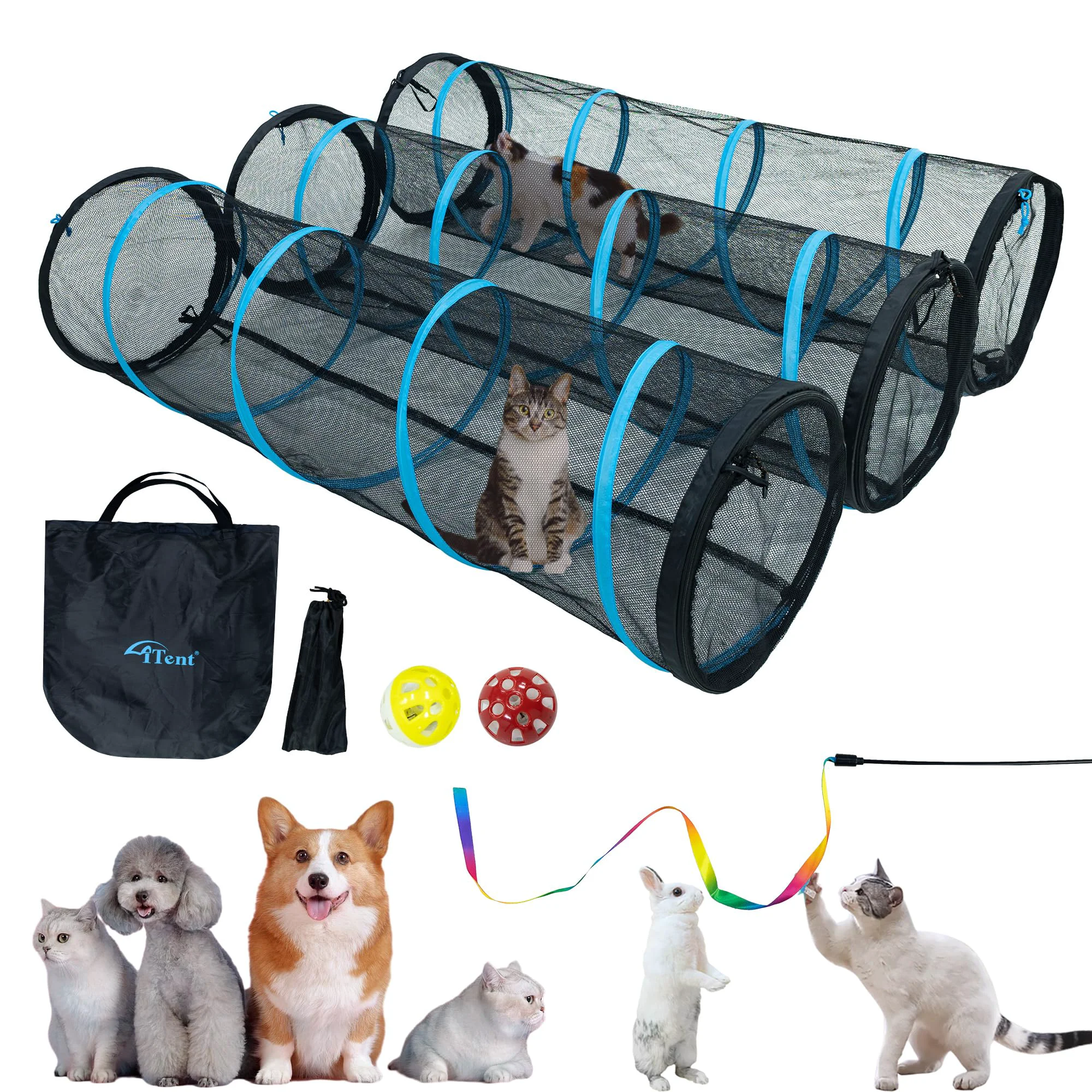 Fine Crafted ITENT Cat Play Tunnel 3-Pack – Indoor Outdoor Cat Enclosures 59 x 18 in Blue Trim Responsible