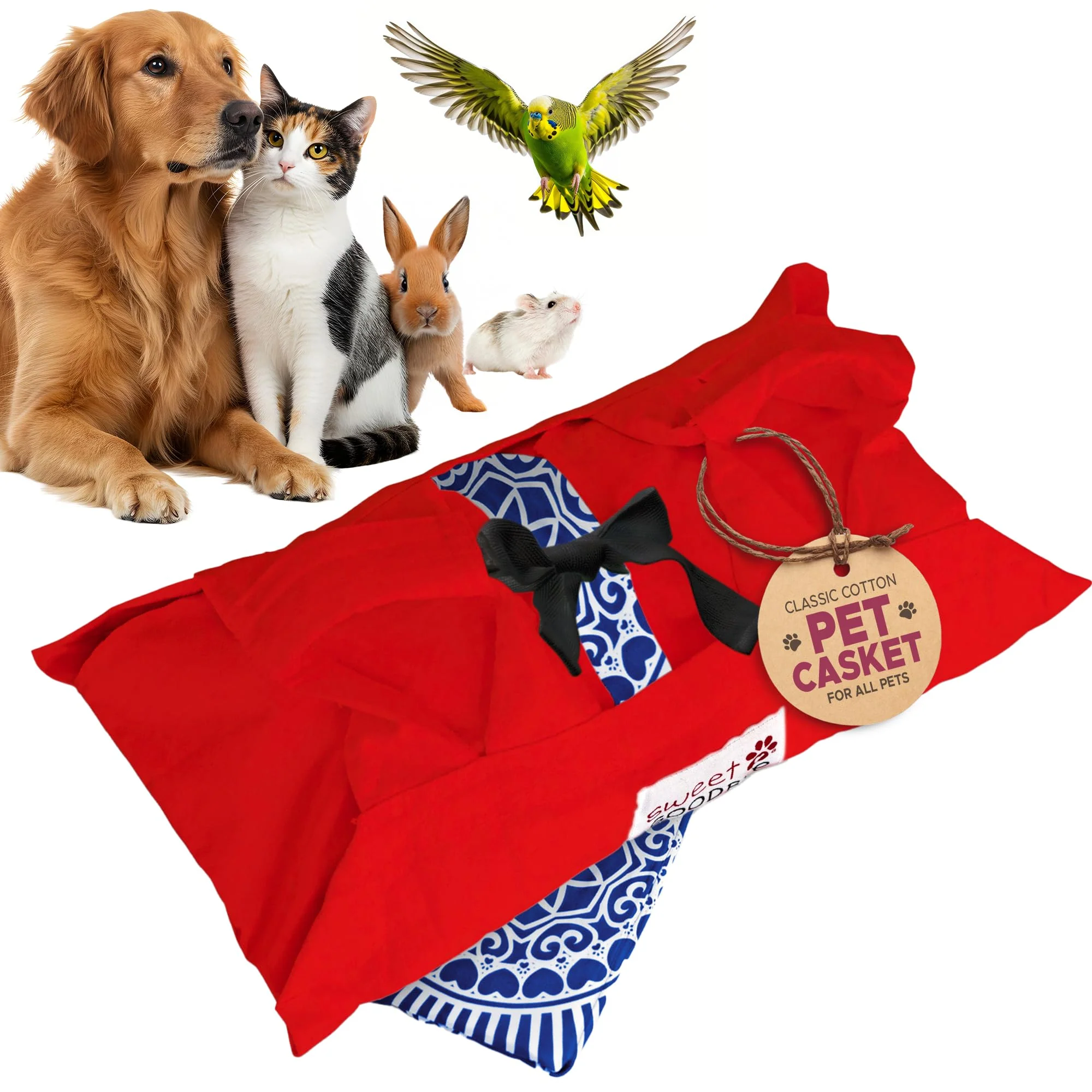 Professional Sweet Goodbye Cocoon® Eco-Friendly Pet Burial Kit – Classic Cotton Shroud for All Pets XS Red Blue Versatile