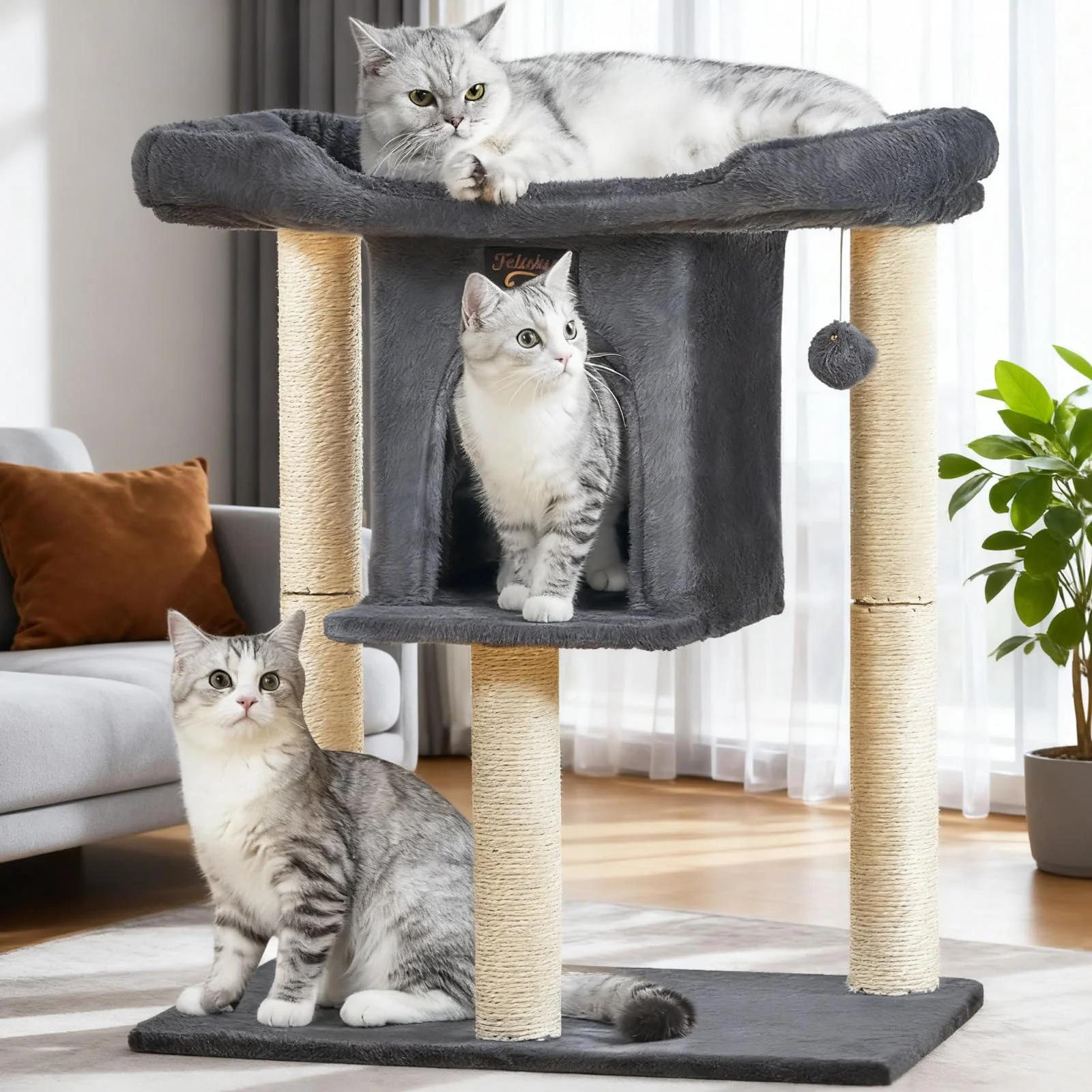 Convenient Feliskyn Cat Tree Tower – 28in Indoor Large Cat Scratching Post with Plush Perch Bed Genuine