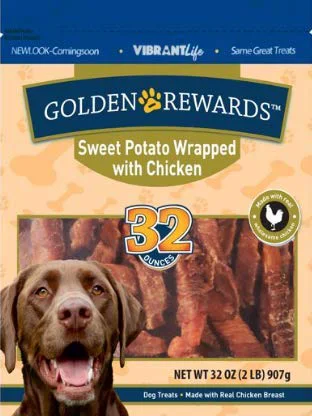 Stylish Golden Rewards Three-Pack Sweet Potato Wrapped with Chicken Dried Dog Treats 32 Oz Minimalist