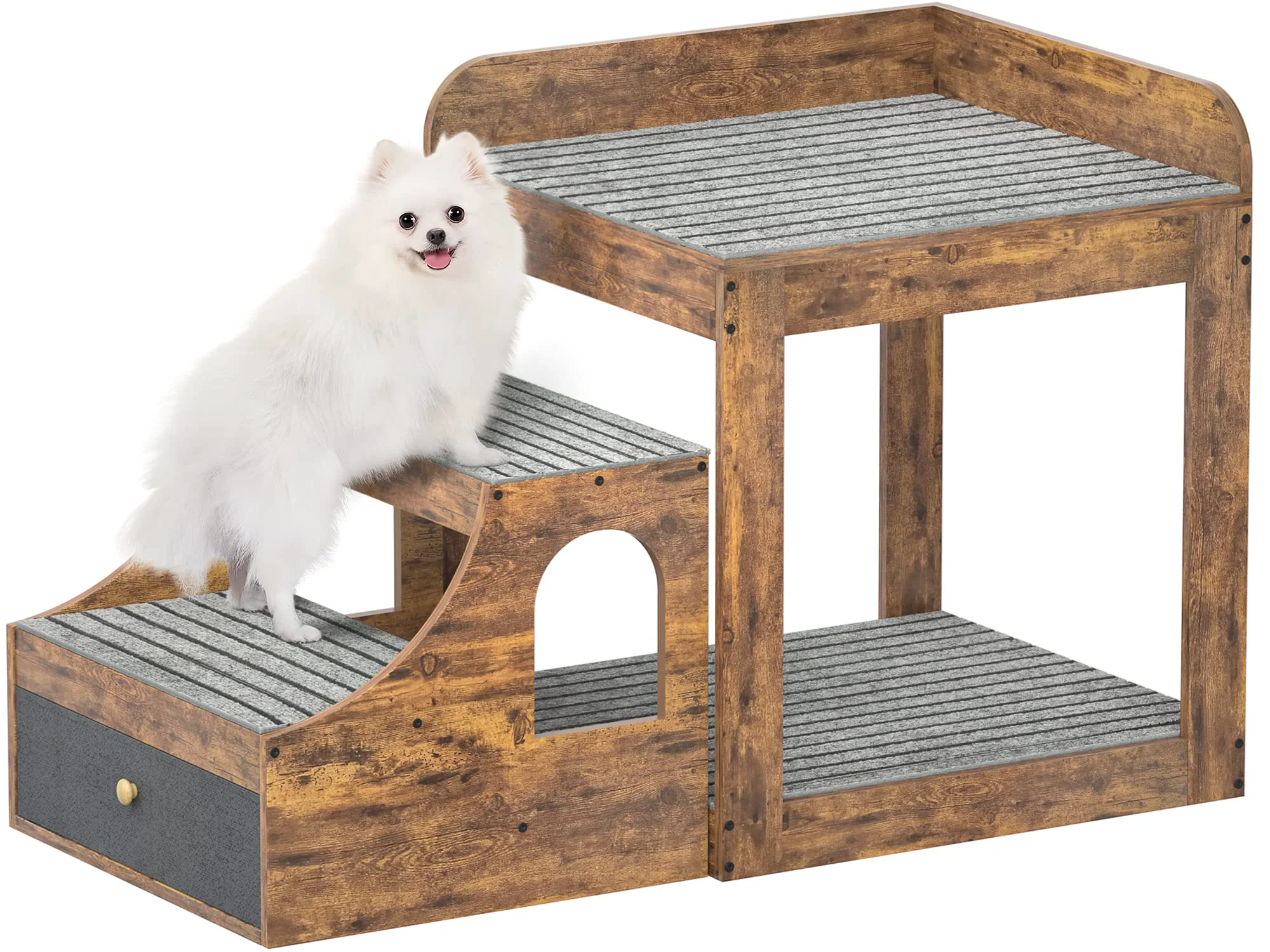 Top-Quality Cyclysio Super Large Multi-Level Pet Bunk Bed with Stairs – Rustic Indoor Cat Furniture Large Size Mats Drawers Contemporary