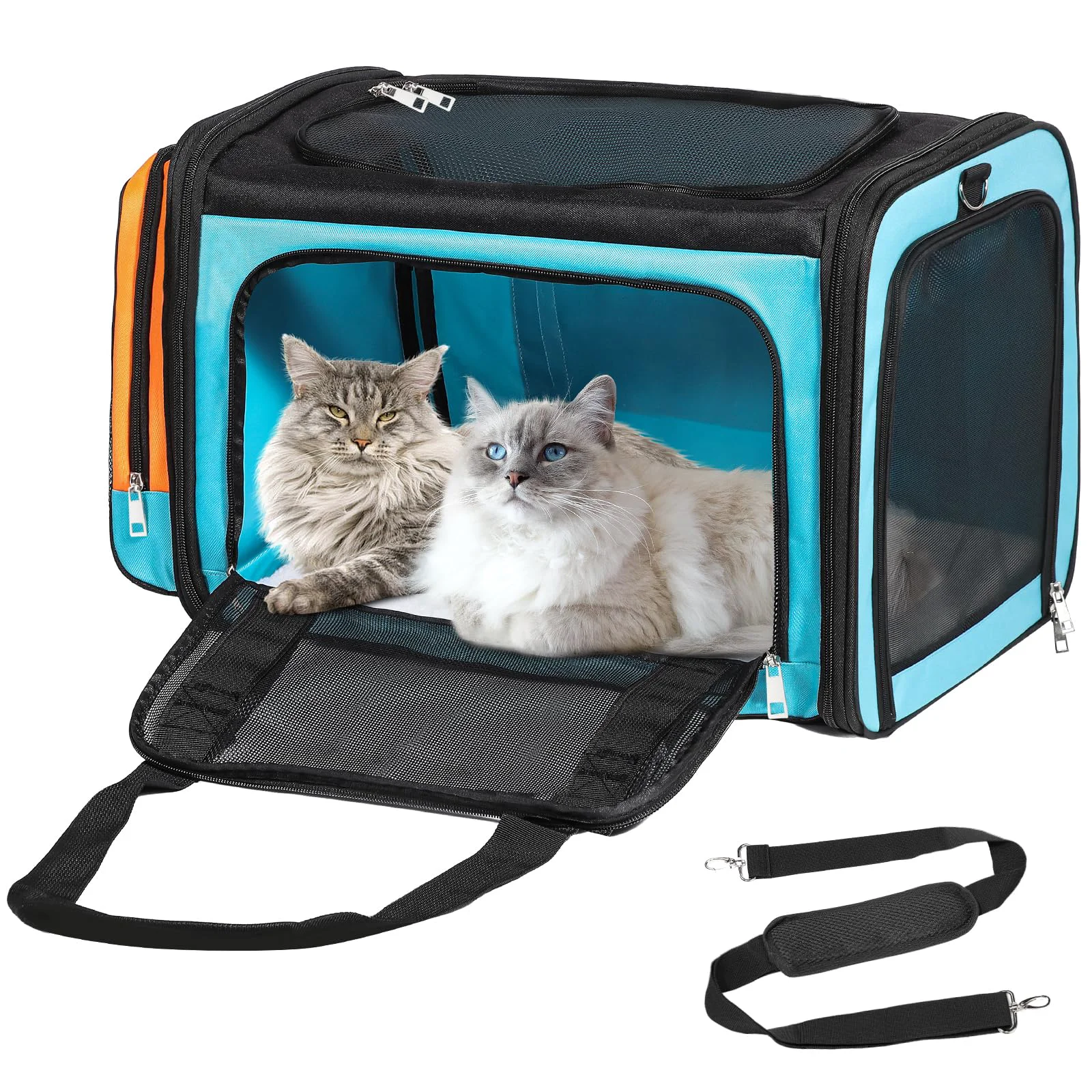 Detailed Discala Extra Large Cat Carrier for 2 Cats — Soft Collapsible Large Pet Carrier 24x16x16 in Blue Organic