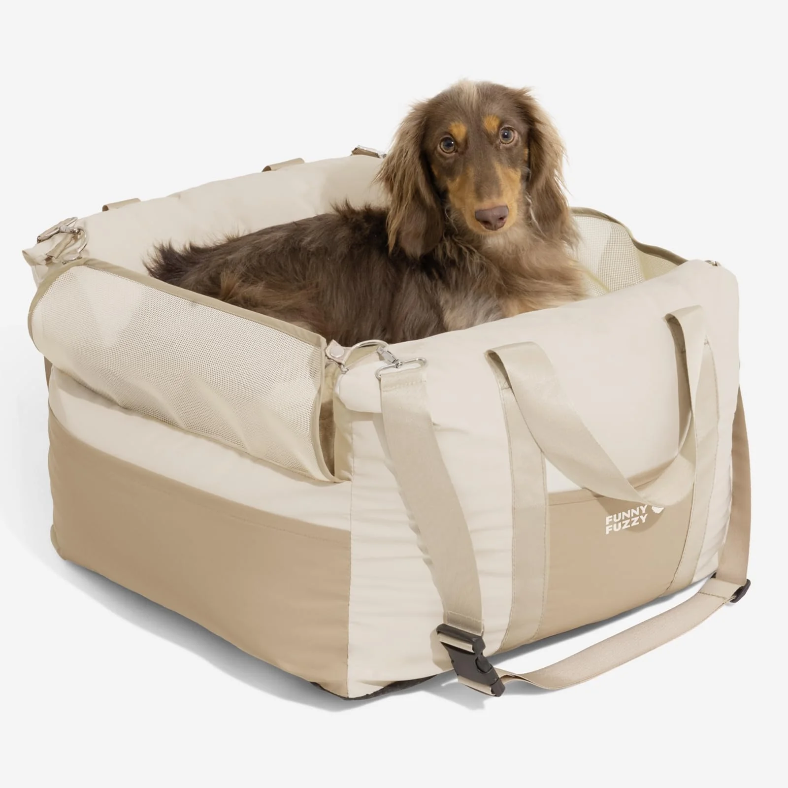 Specialty Funny Fuzzy Waterproof Dog Car Seat for Small Medium Dogs Up to 35 lbs – Detachable Washable Beige Detailed