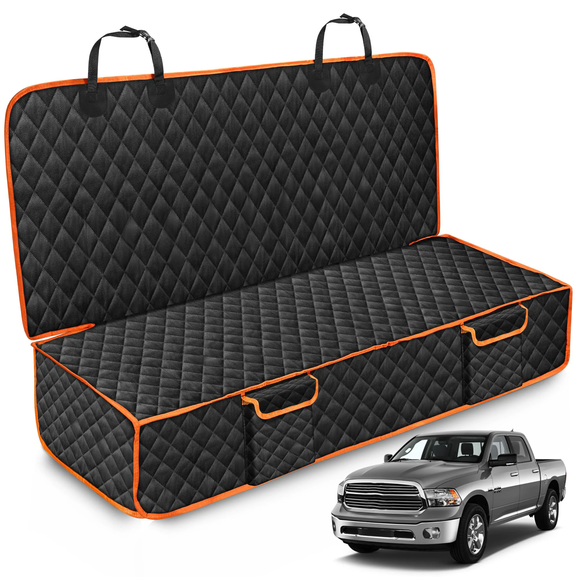 User-Friendly XHRING Dog Car Seat Cover for Dodge RAM 1500-3500 — Scratchproof Backseat Protector with Two Pockets Black Orange Carefully Designed