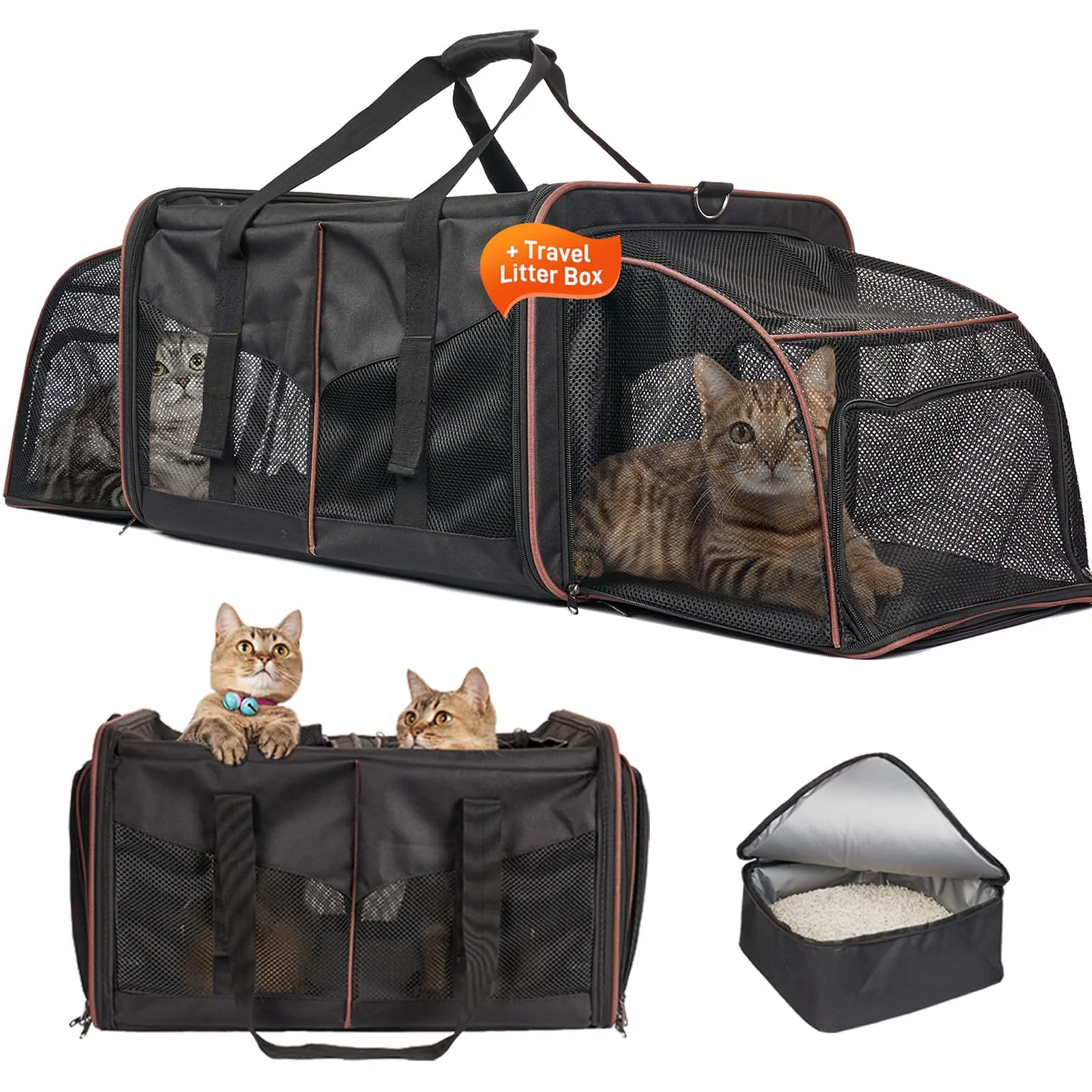 Comfortable A.FATI Cat Travel Carrier with Litter Boxes Expandable 2-Cat Carrier for Car Travel First-Class