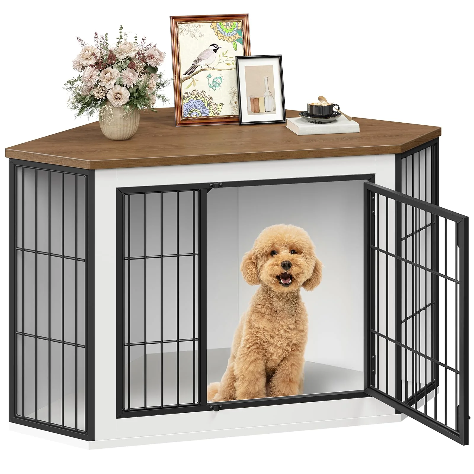 Certified HOOBRO Corner Dog Crate Furniture – Space-Saving Farmhouse End Table TV Stand Walnut White Black BWH90GW03 High-Quality