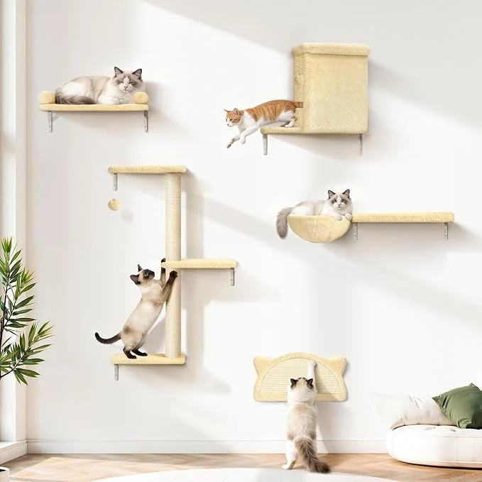 Contemporary 5-in-1 Cat Wall Shelves Solid Wood Velvet Sisal Scratcher 44lbs Max Load Advanced