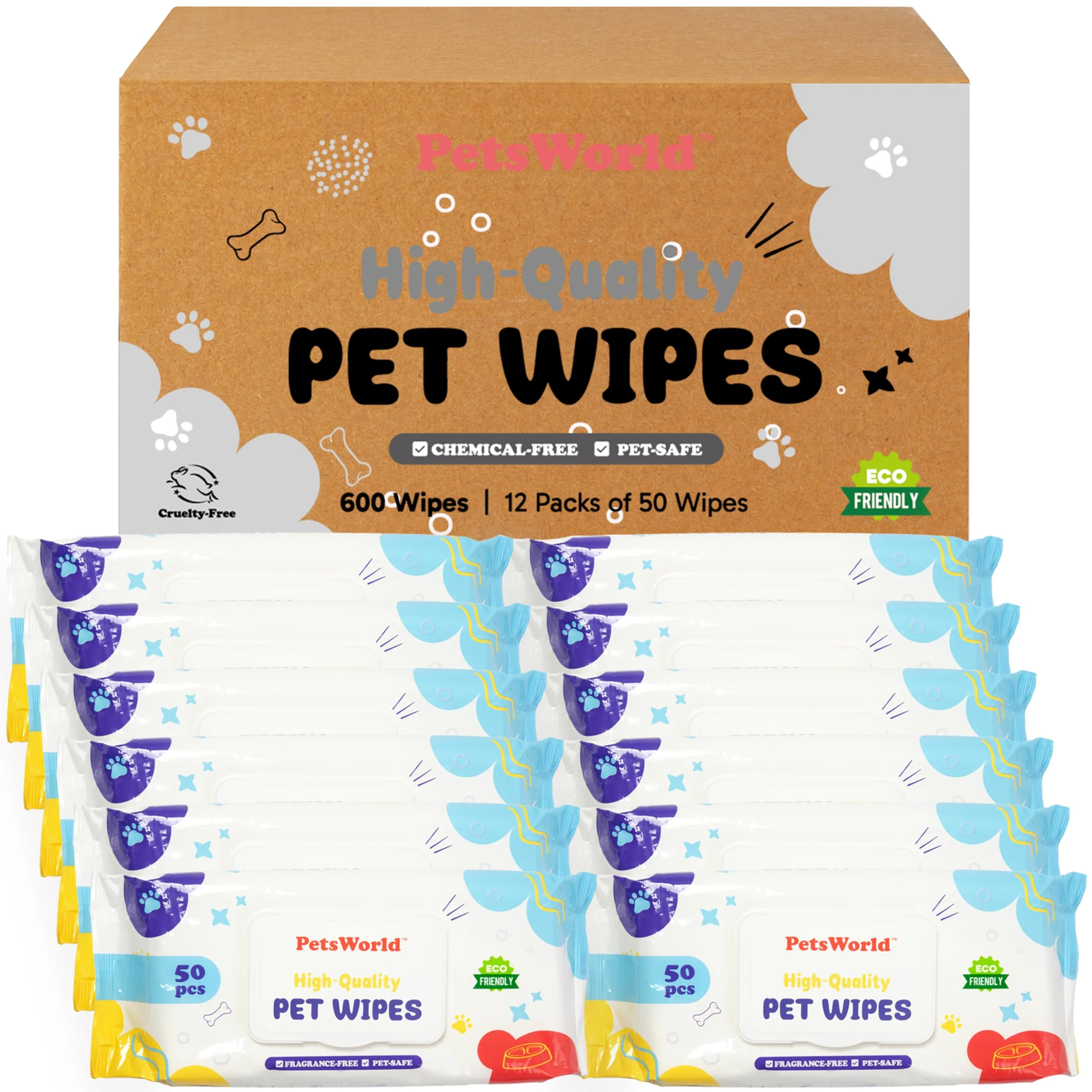 Easy-to-Use PETSWORLD Pet Wipes for Dogs Cats — Unscented Hypoallergenic Biodegradable 98 Thick Durable Minimalist