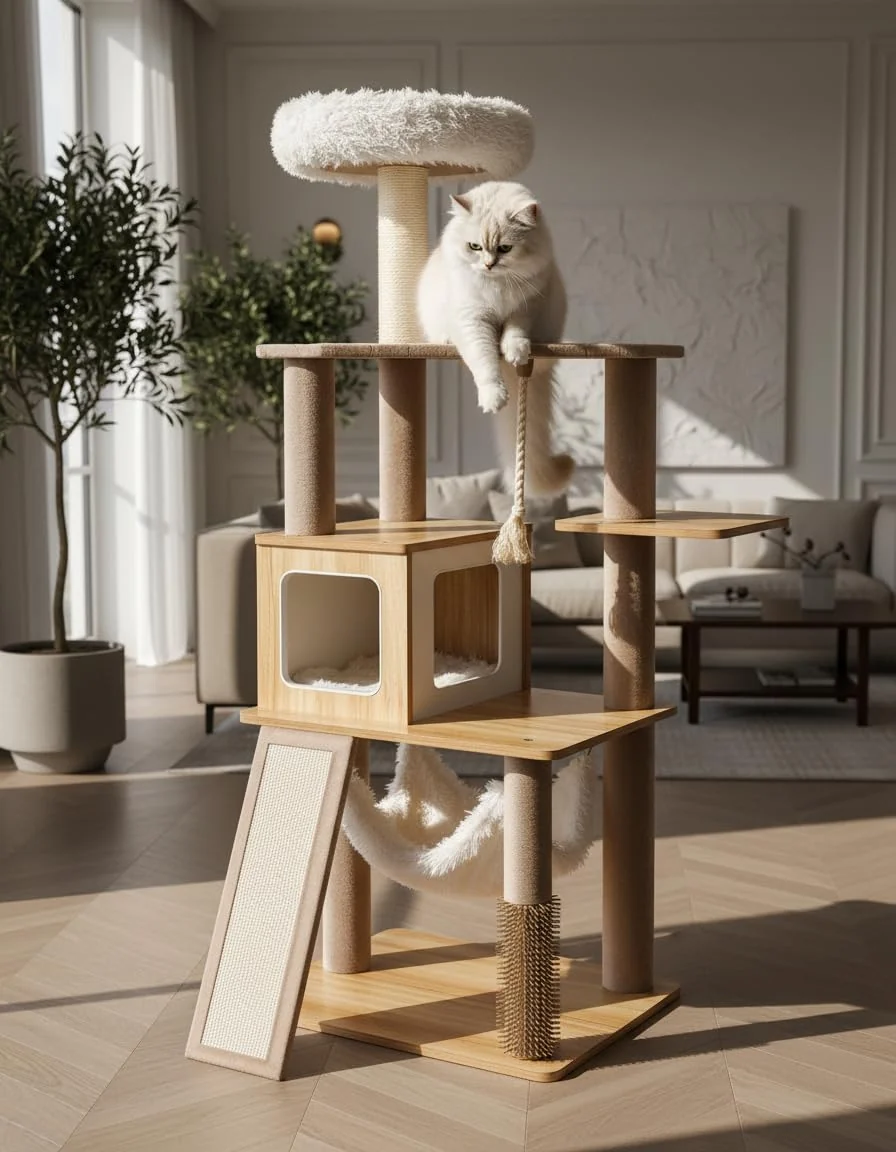Versatile Purrlato 61-inch Modern Cat Tree Tower – Luxury Natural Wood Cat Furniture with Plush Lounge Hammock Scratching Posts Effective