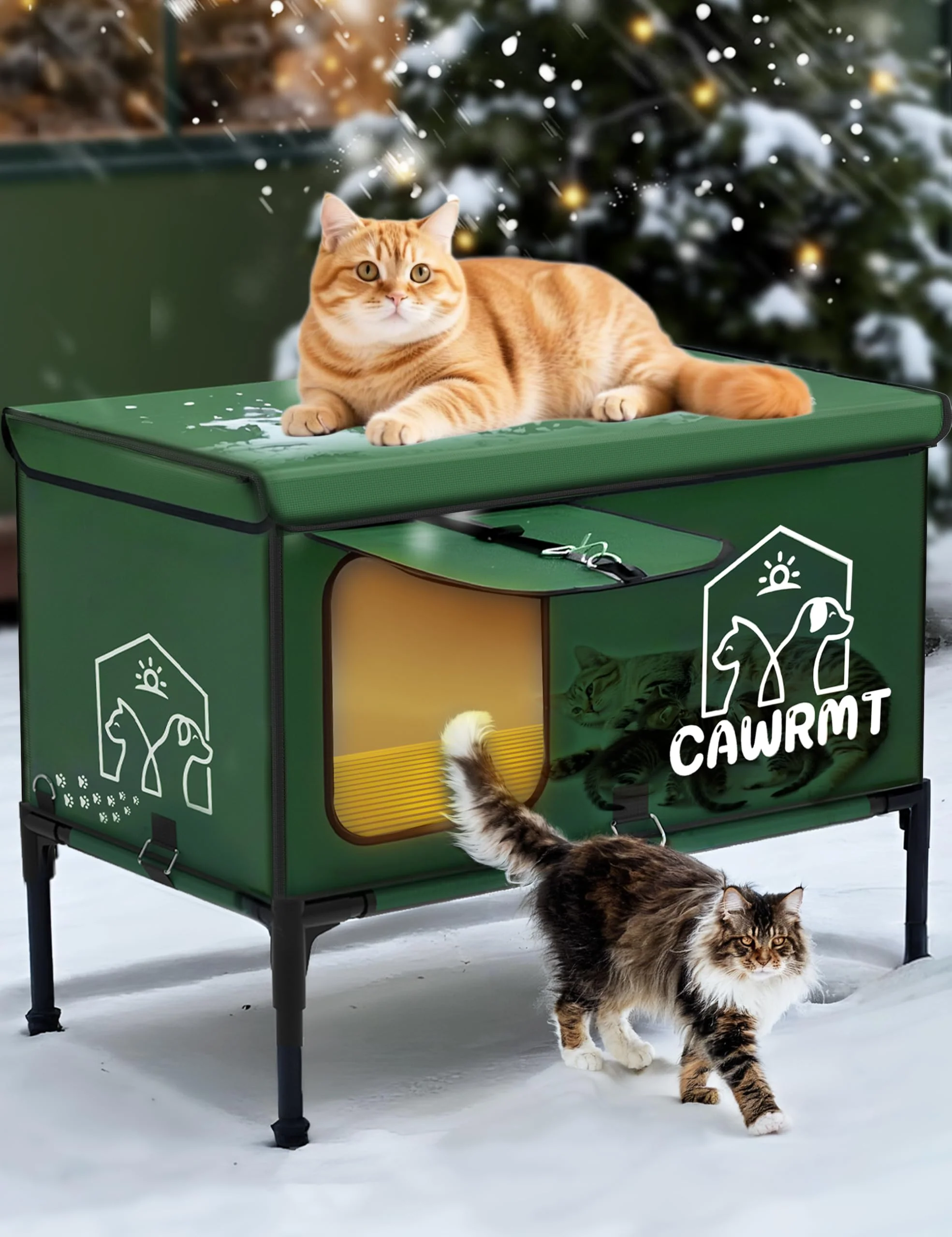 Relaxed LiLadayd X-Large Heated Cat House for Outdoor Winter — Waterproof Insulated Shelter Green 27x18x20 Solid