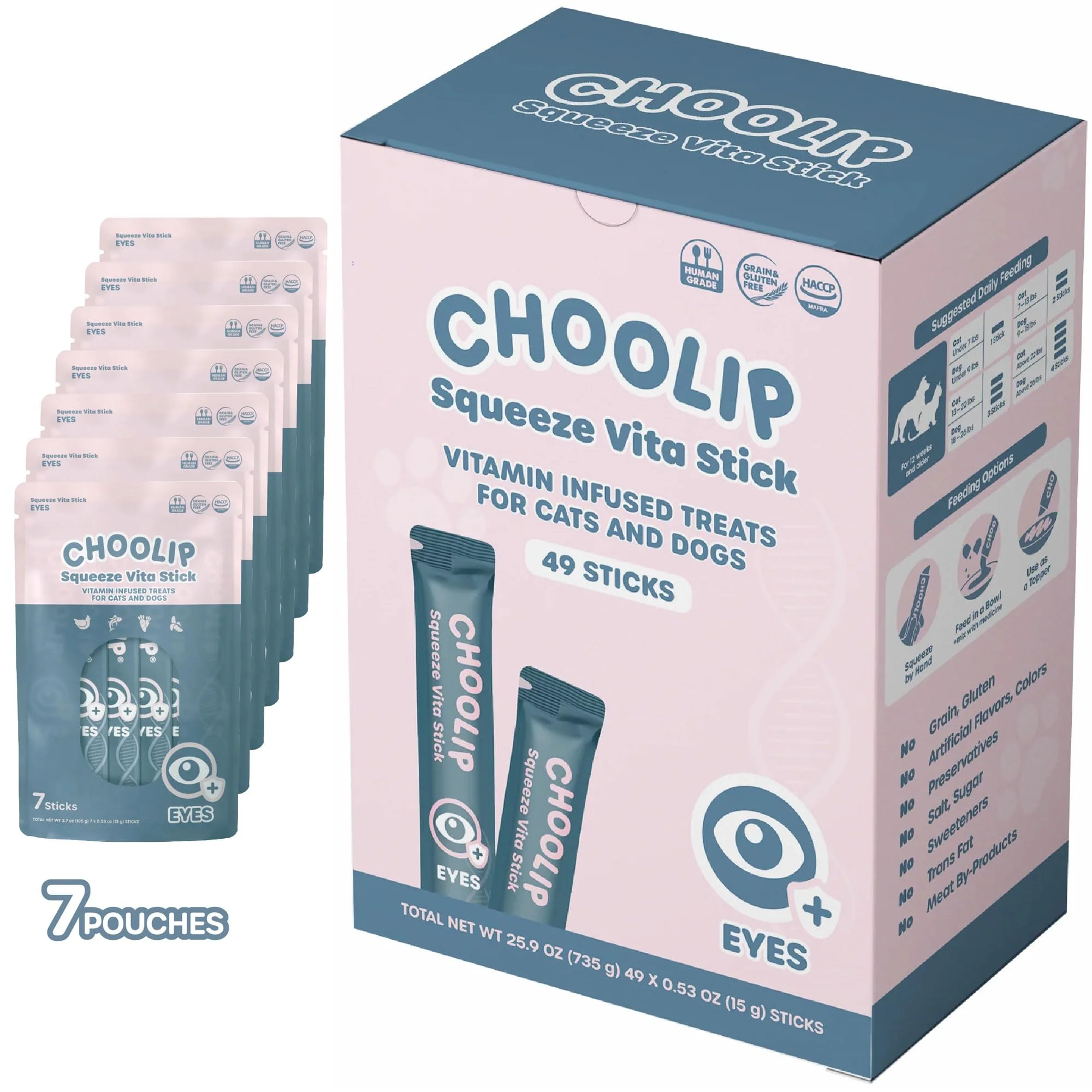 Superior Choolip Squeeze Vita Stick Lickable Treats – 49-Count Eye Support Sticks for Cats Dogs Box with 7 Pouches Traditional