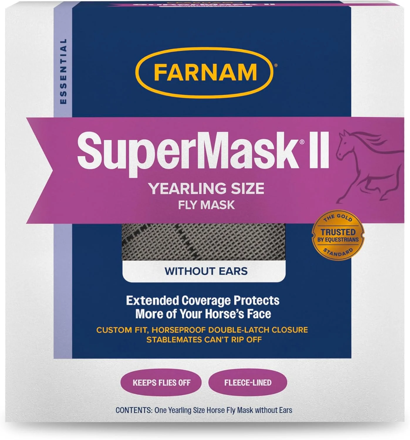 Casual Farnam SuperMask II horse fly mask without ears extended coverage protects eyes from insects and debris adjustable throat latch Yearling size Secure
