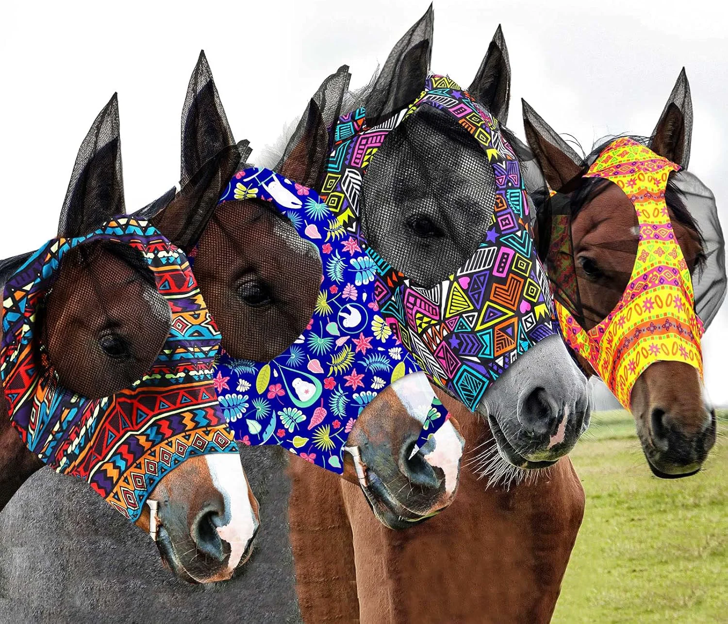 Frienda 4 Pieces Horse Fly Masks with Ears Face Covering UV Protection from Insect Pests Elasticity Smooth Comfortable Mesh Horse Mask Accessories Geometric Large Refined