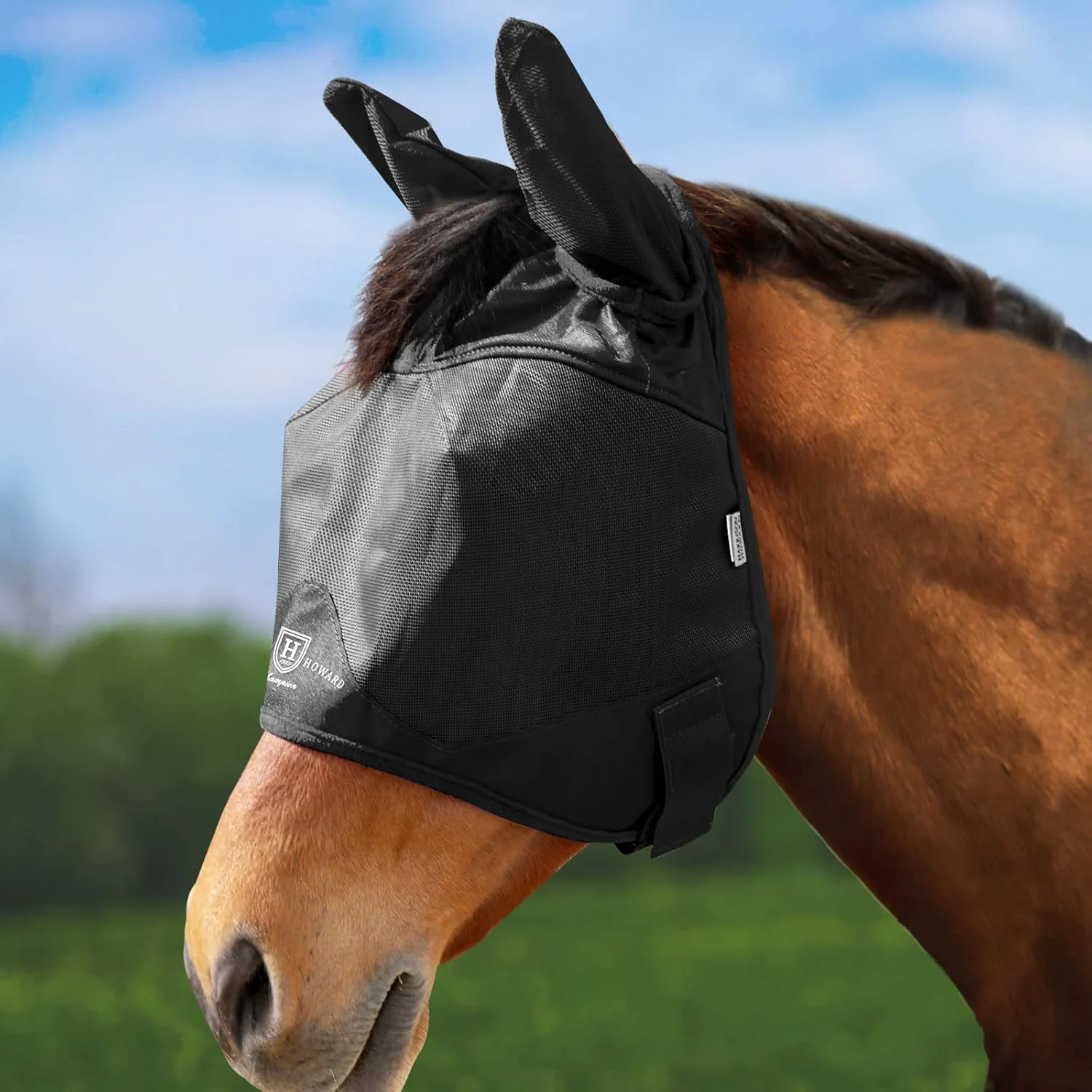 Next-Generation Harrison Howard UV-proof Multi-Function Fabrics Thick Fleece Padding Horse Fly Mask Half Face with Ears Black Warmblood Extra Large Comfortable