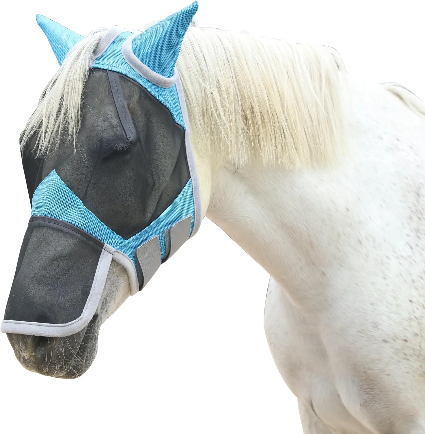 Premium Material Horse Fly Mask with Ears Long Nose Cover Forelock Opening for Tangle- Mane Care UV Protection Breathable Mesh No Rub Fit and Enhanced Visbility for Trail Riding Paleblue Full Sustainable