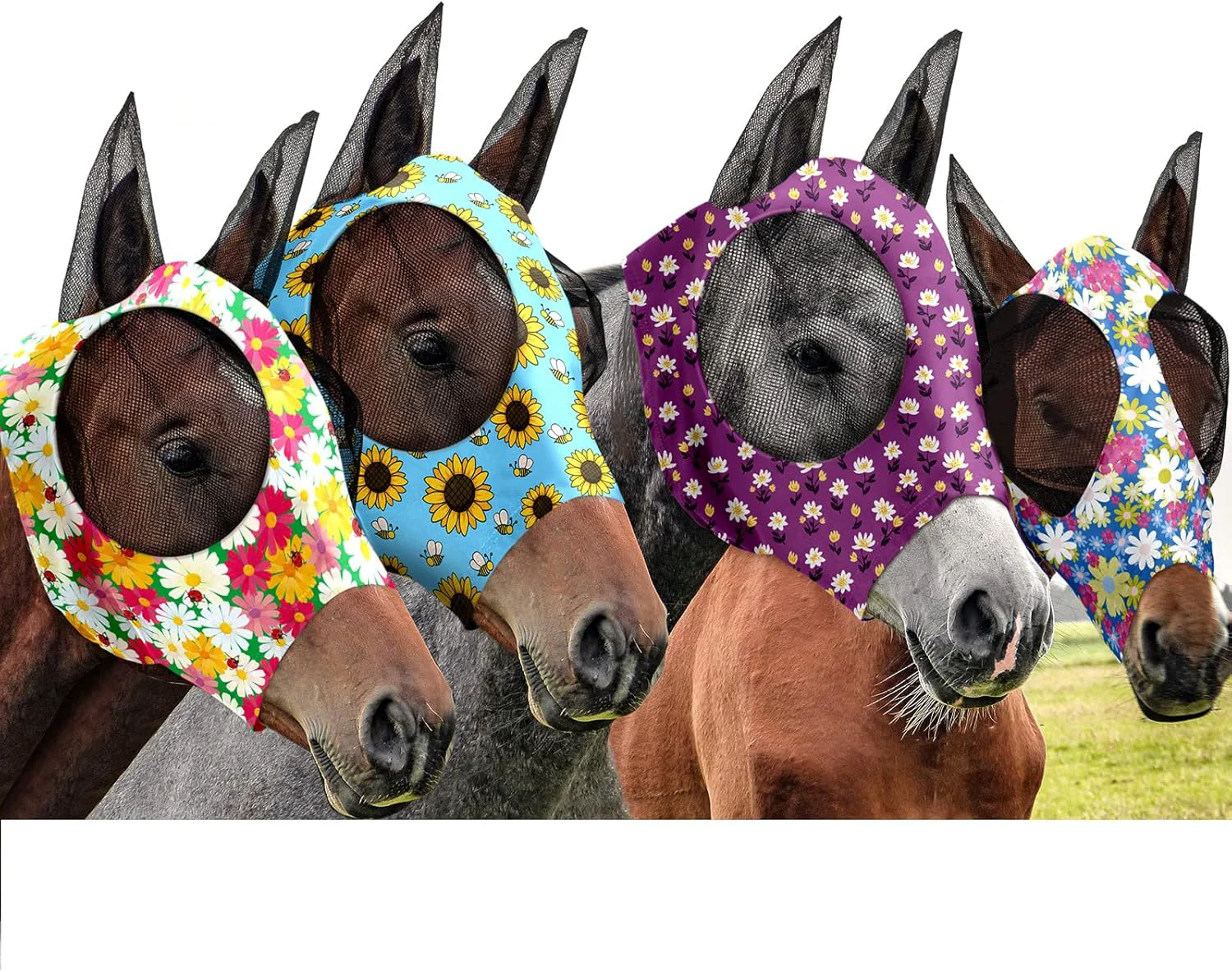 Fine Frienda 4 Pieces Horse Fly Masks with Ears Face Covering UV Protection from Insect Pests Elasticity Smooth Comfortable Mesh Horse Mask Accessories Flower Large Practical