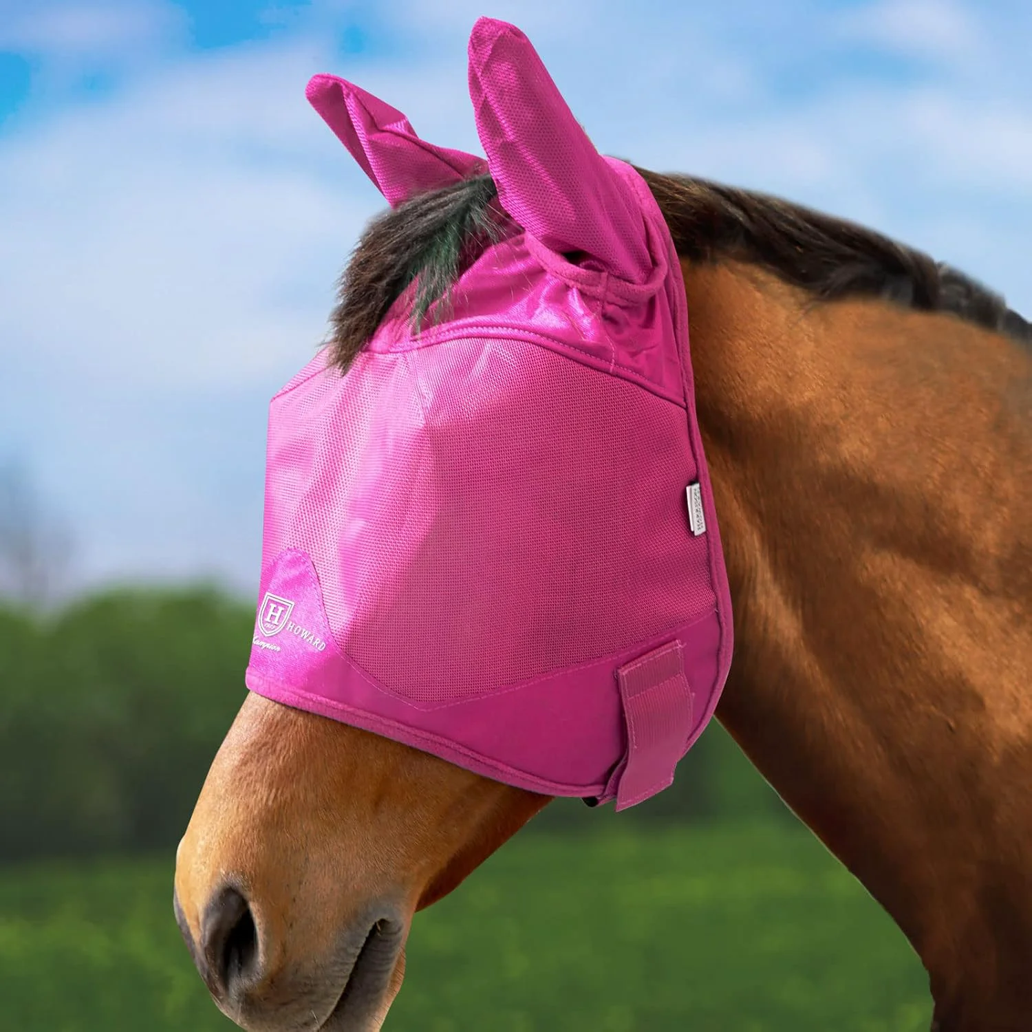 Classic Harrison Howard UV-proof Multi-Function Fabrics Thick Fleece Padding Horse Fly Mask Half Face with Ears Magenta Horse Large Outstanding