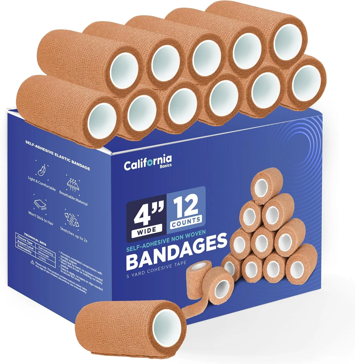 Self-Adhesive Bandage Wrap - Suitable for All Sports - Breathable Athletic Tape for Wrists - Knee and Ankle - Self Adhesive Bandage- 4 Inch- 12 Pack - Brown Reliable