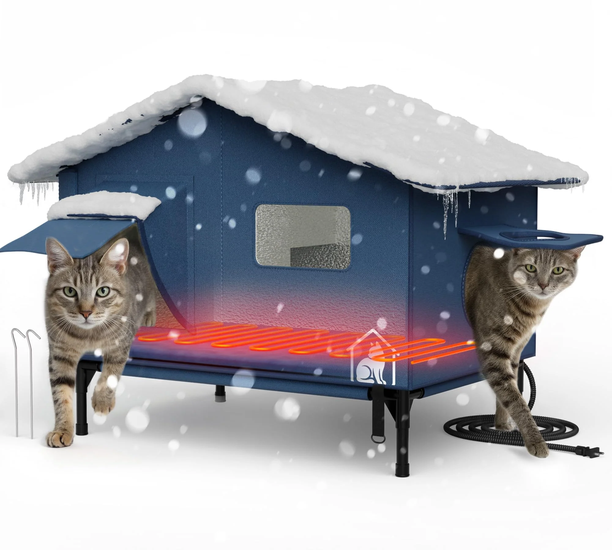 Unique PELUMOZ Extra-Wide Heated Cat House for Outdoor Use — Waterproof Insulated Shelter with Dual Escape Doors Blue Expertly Made