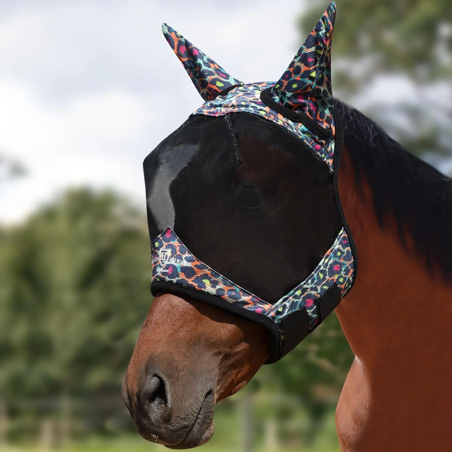 Practical Harrison Howard Pro LumiVista Horse Half Face Fly Mask Large Eye Space with Ears UV Protection for Horse Iridescent Prints M Long-Lasting