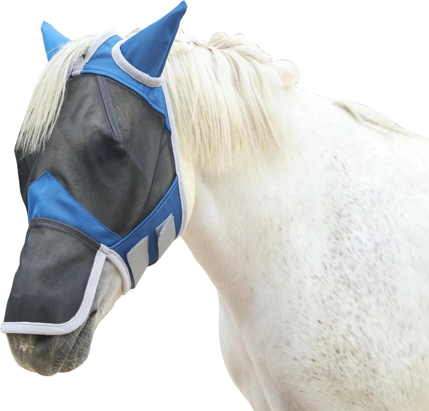 Fashionable Horse Fly Mask with Ears Long Nose Cover Forelock Opening for Tangle- Mane Care UV Protection Breathable Mesh No Rub Fit and Enhanced Visbility for Trail Riding RoyalBlue Full Next-Generation