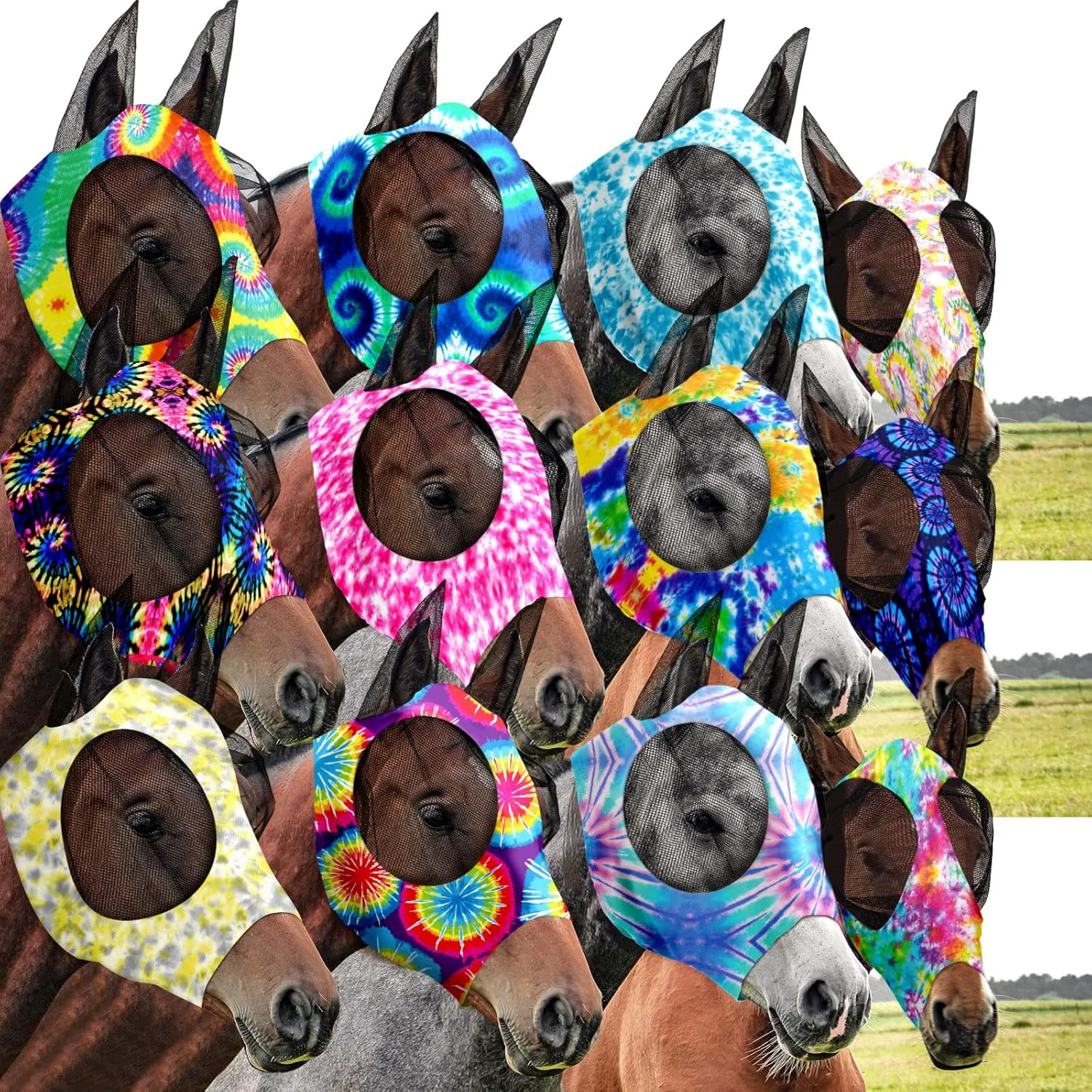World-Class Qualirey12 Pieces Horse Fly Mask Bulk Comfortable Elasticity Mask for Horses with Ears Net UV Protection Breathable Face Covering for Pony and Foal Medium Tie Dye Patterns Sustainable