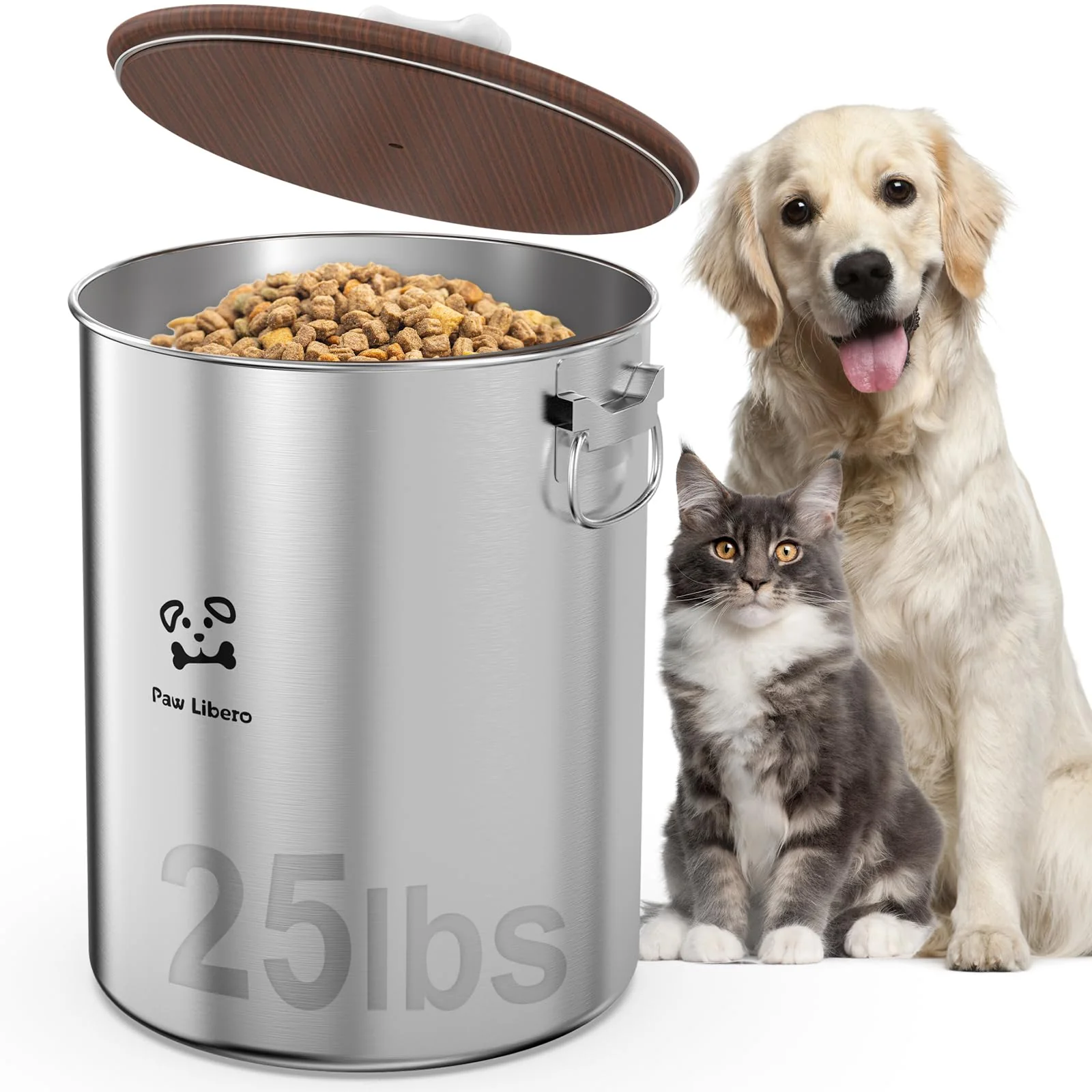 High-Performance Paw Libero 25 Lbs Stainless Steel Dog Food Storage Container with Airtight Wooden Lid and Ceramic Bone Handle Selected