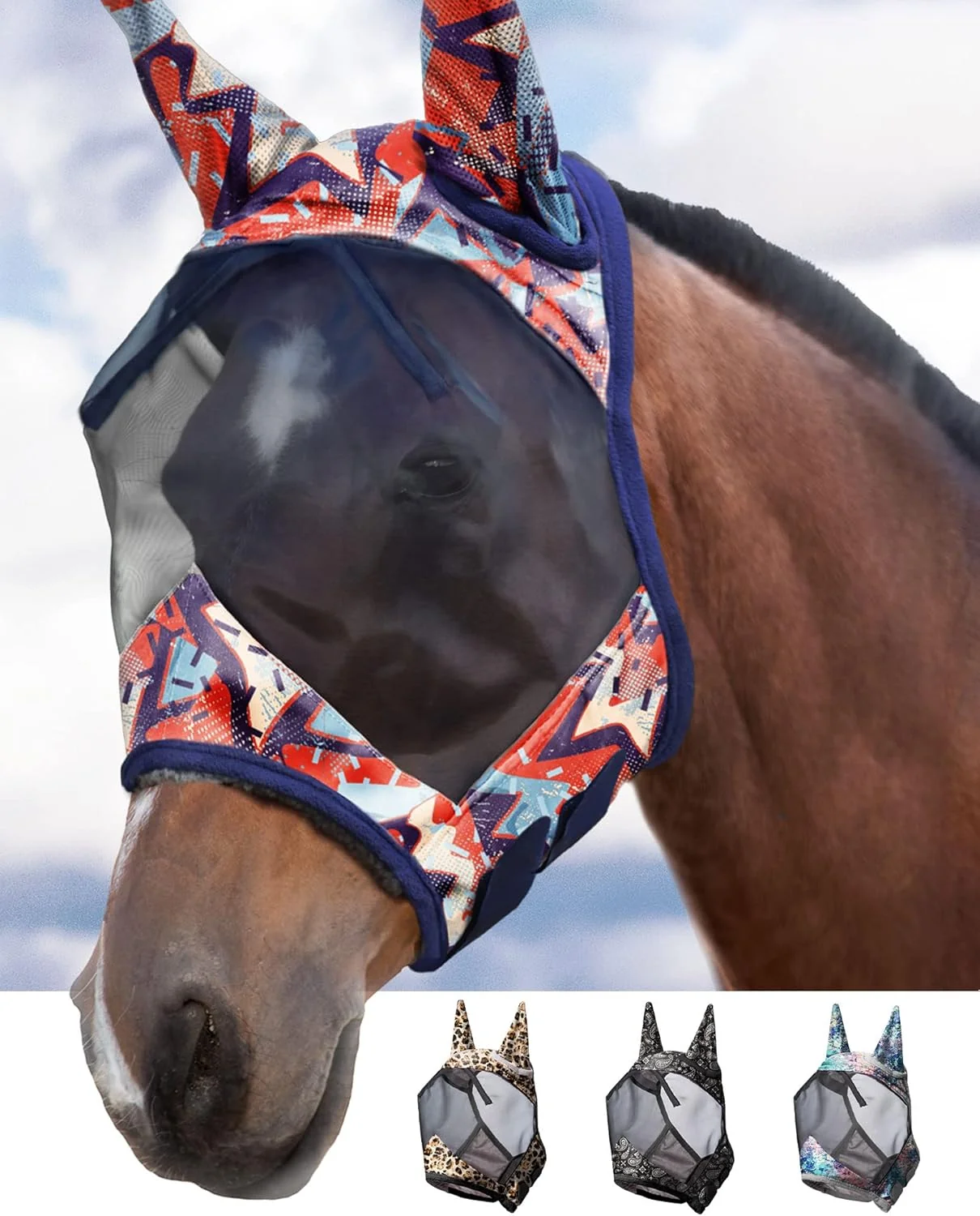 Exclusive Harrison Howard LumiVista Horse Fly Mask Standard with Ears UV Protection for Horse Abstract Graffiti XL Extra Full Long-Lasting