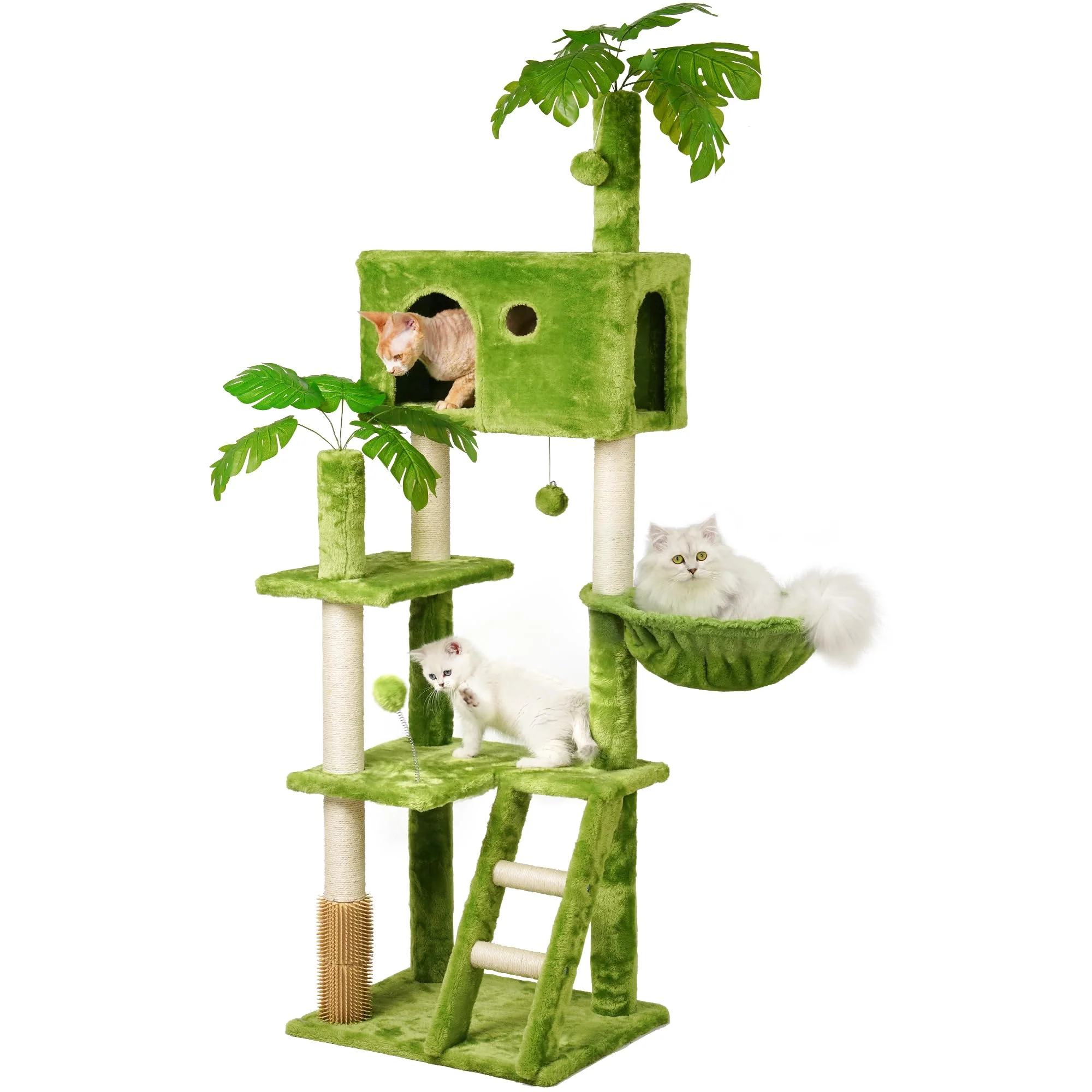 Responsible Meecal 65in Tall Cat Tree with Leaves – Indoor Cat Tower with Scratching Post Hammock Self Groomer Functional