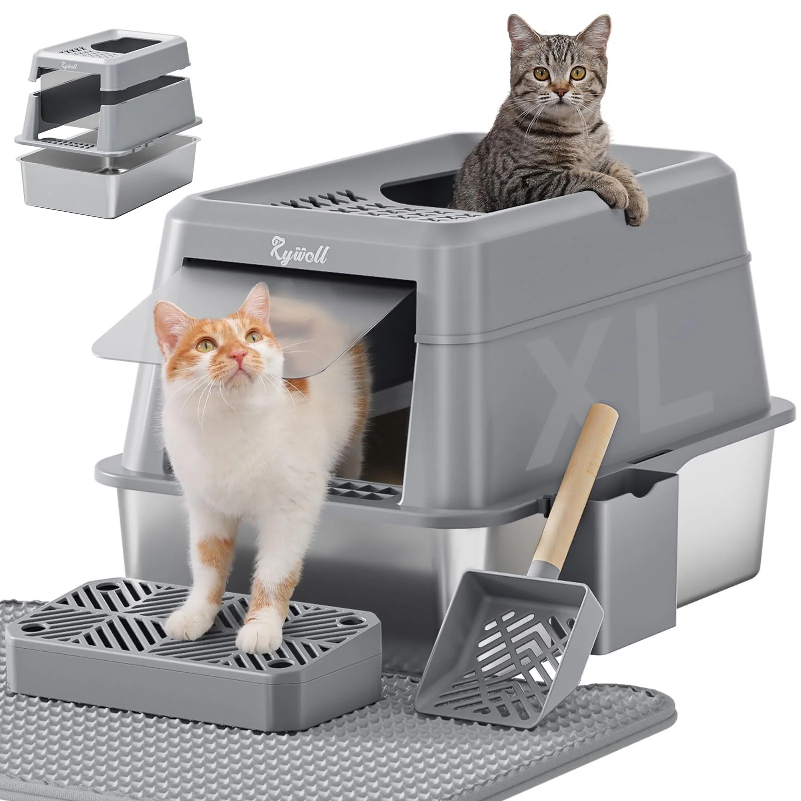 Comfortable Rywell XL Stainless Steel Litter Box with Lid — Leak-Proof Easy-to-Clean Multi-Cat Solution Enhanced