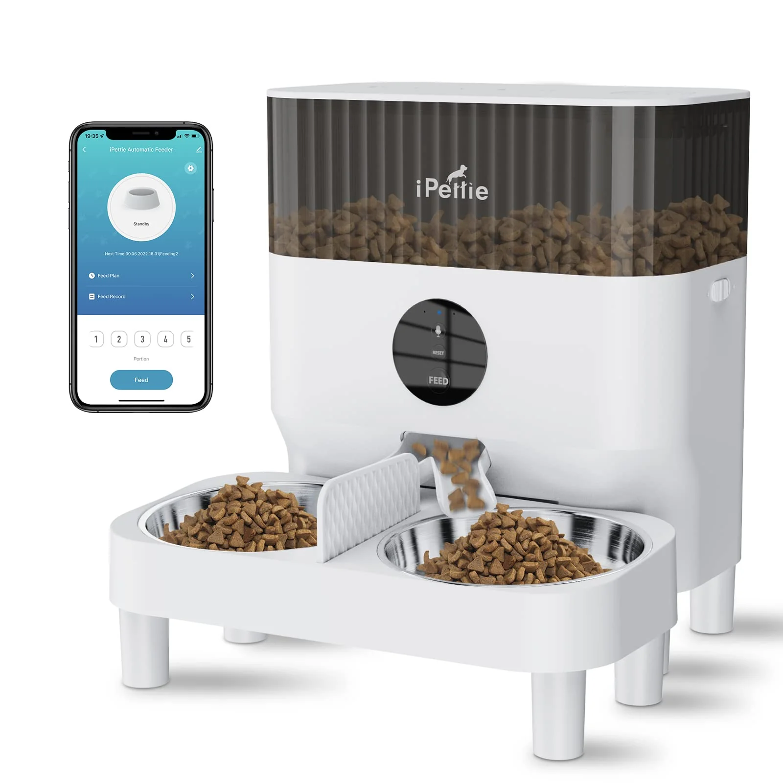 Clean iPettie Automatic WiFi Pet Feeder for 2 Pets – 5L App Control Dual Stainless Bowls Flexible