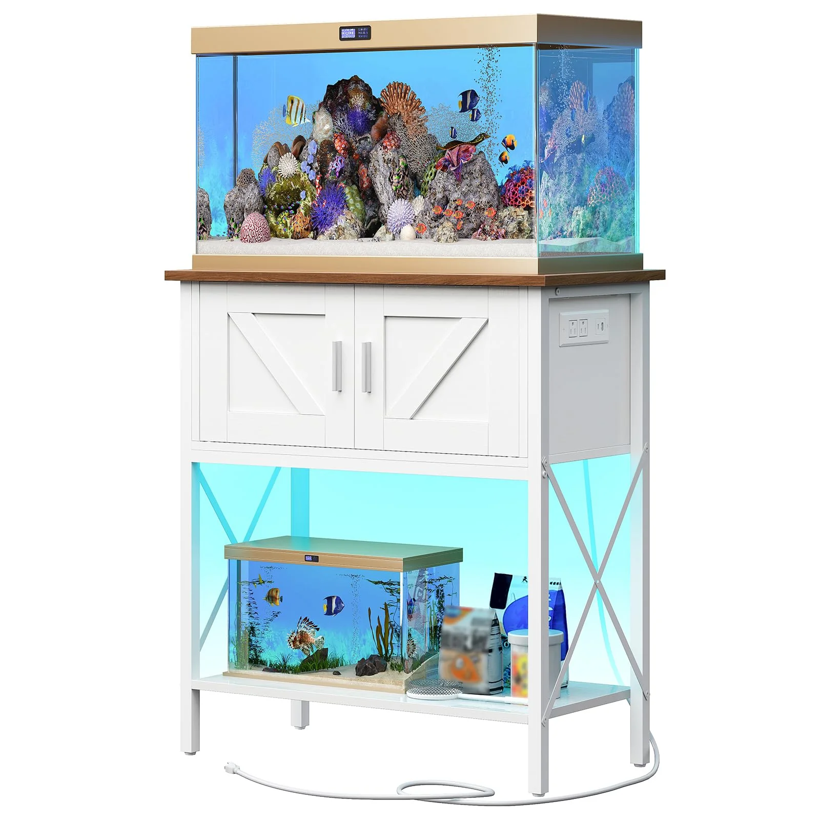 First-Class HOOBRO 20 Gallon Fish Tank Stand with Power Outlets LED Light – White Walnut WH40UDFT01 300 lb Capacity Quality
