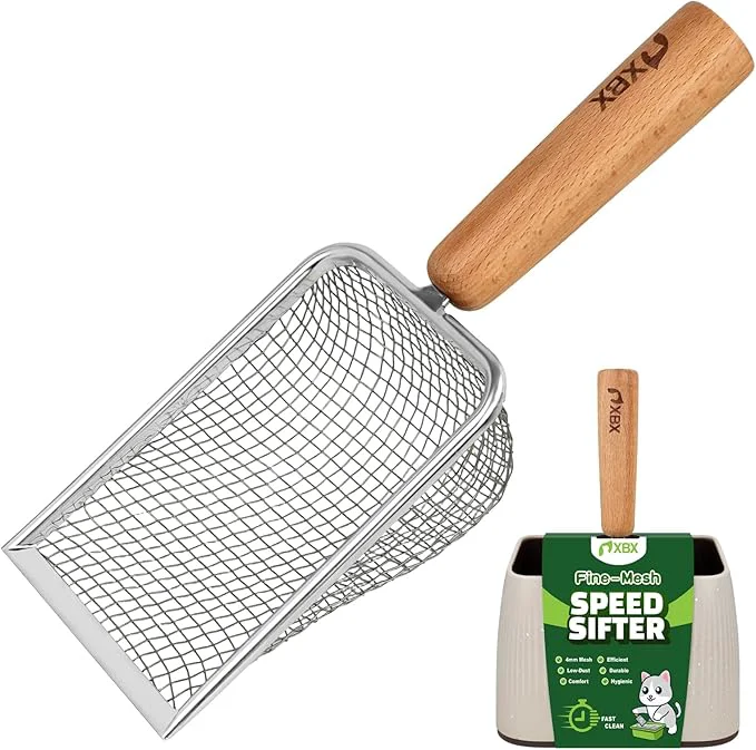 Efficient XBX Cat Litter Scoop with Holder – Metal Mesh Litter Scooper Wooden Handle Green