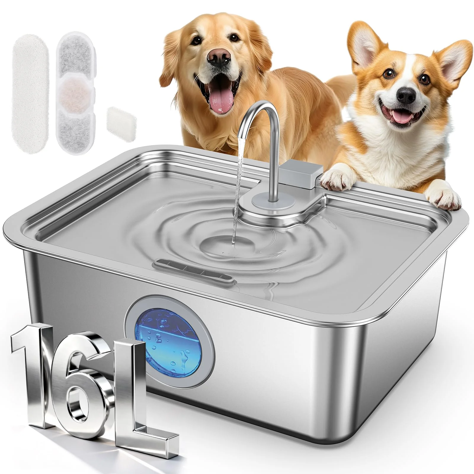 Practical Zuqqony 16L Stainless Steel Dog Water Fountain – Ultra Quiet 5-Stage Filtration Large Capacity Traditional