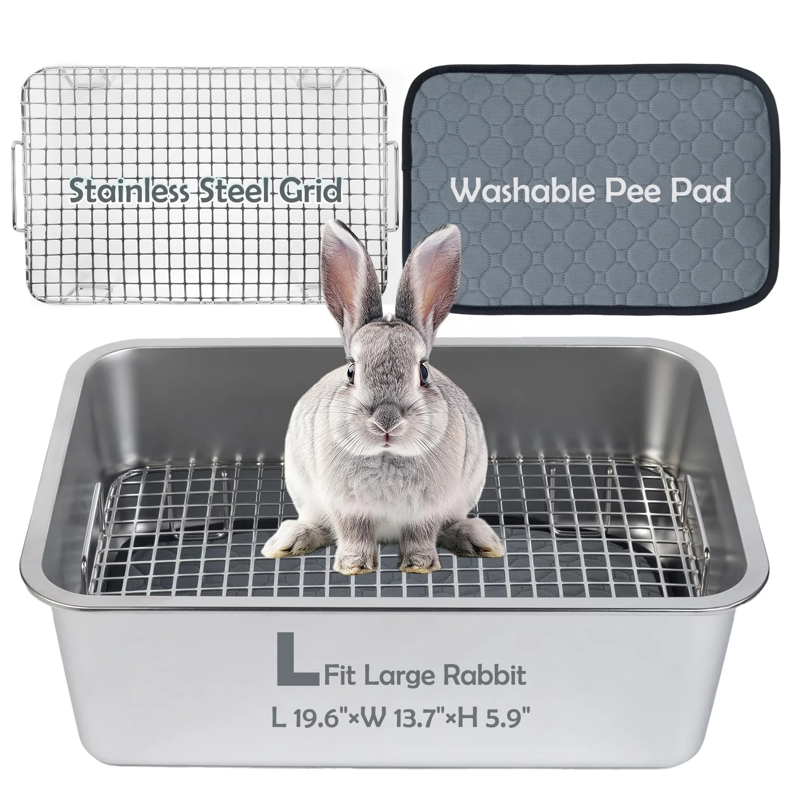 Premium Material MEEXPAWS Rabbit Litter Box – Stainless Steel Large High-Sided Tray with Raised Grid Washable Pad Detailed