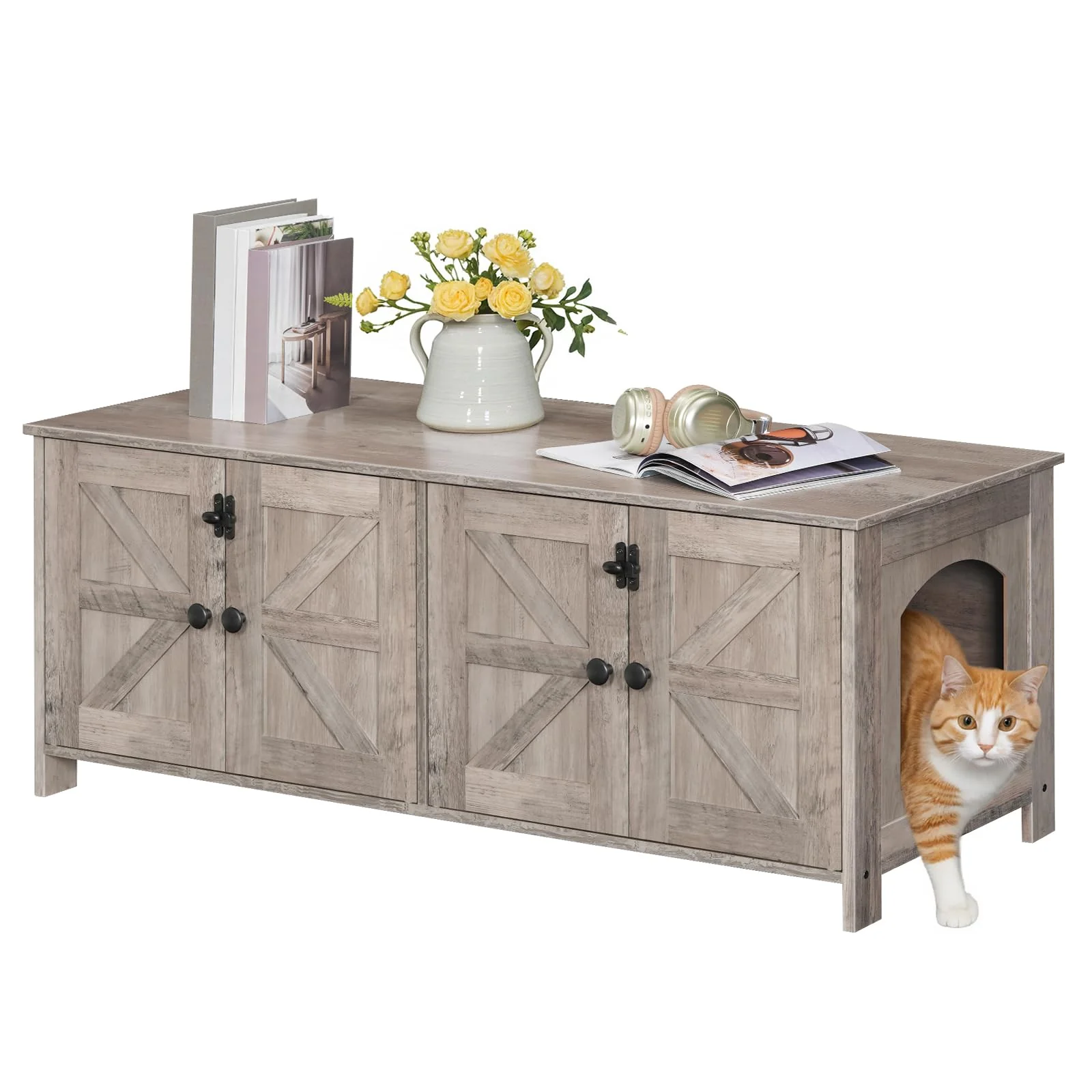 Sustainable HOOBRO Cat Litter Box Enclosure for 2 Cats – Hidden Litter Box Furniture Wooden TV Stand Soft