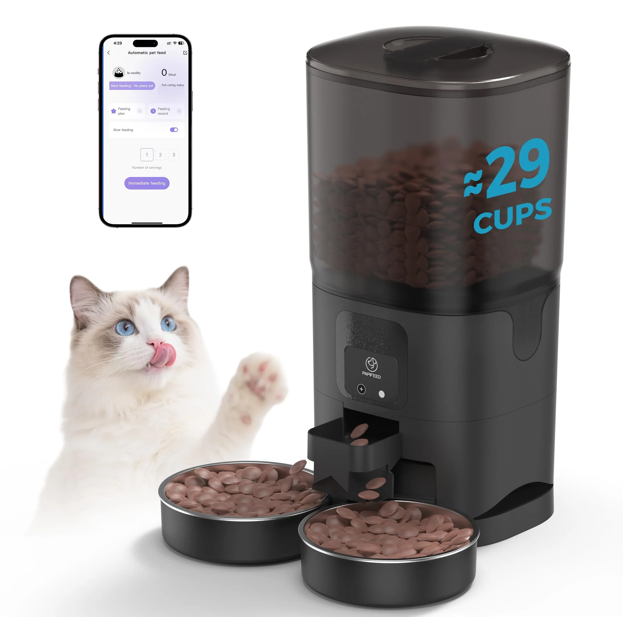 High-Grade PAPIFEED 7L Automatic Cat Feeder for 2 Cats WiFi App Control Alexa Compatible Detachable Bowls Modern