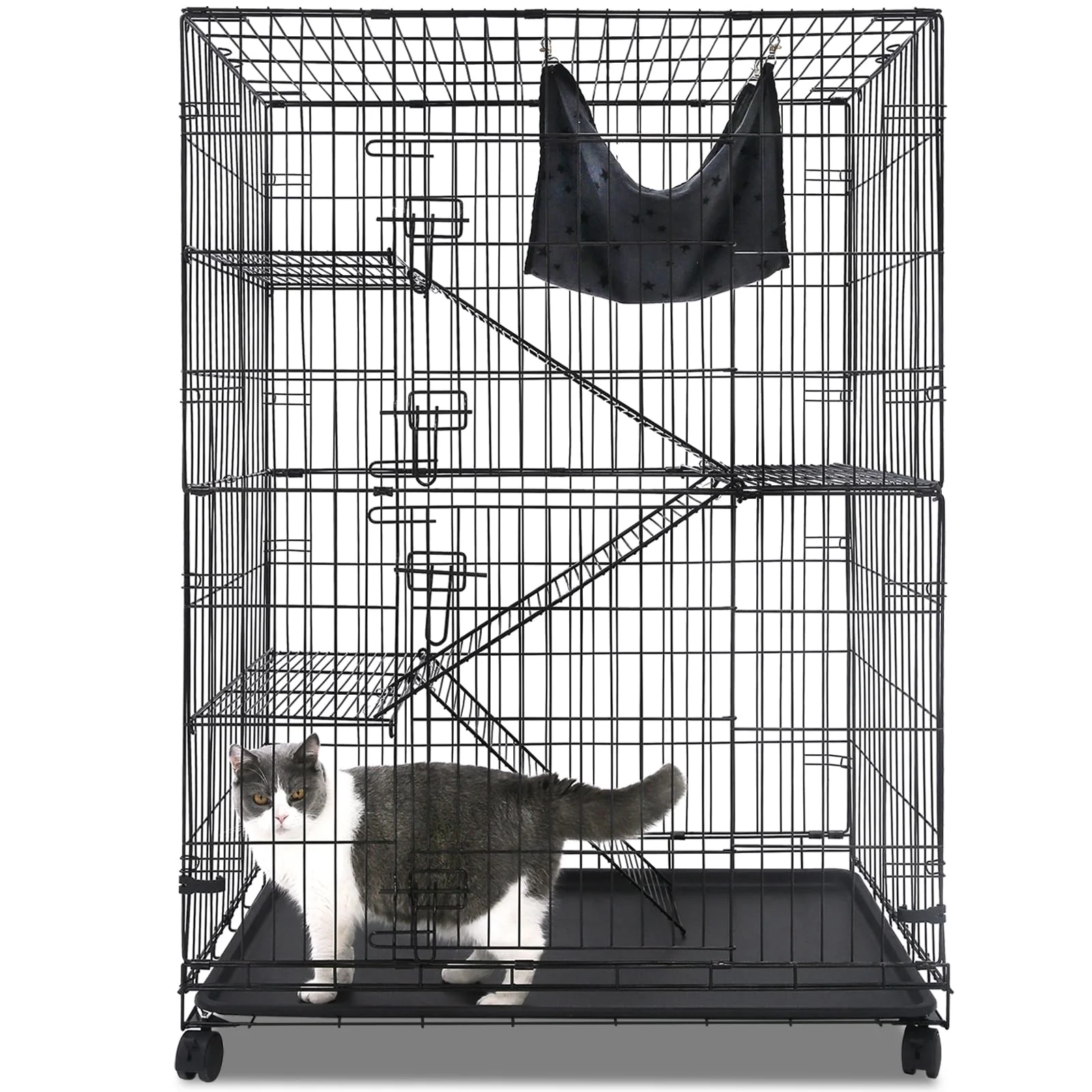 Carefully Designed Homey Pet 50-Inch Cat Cage Large 4-Tier Indoor Kennel with Hammock Ramp 360° Wheels Certified