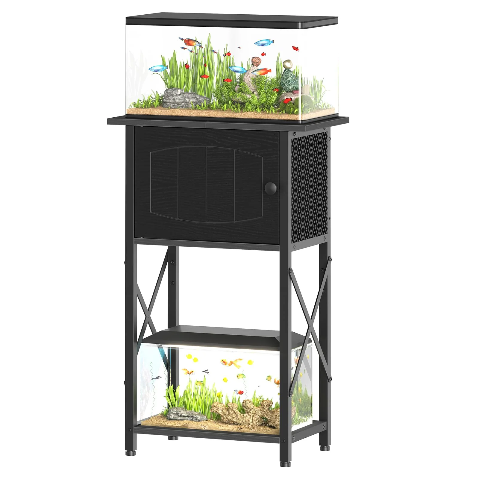 Luxury HOOBRO 10-Gallon Aquarium Stand with Cabinet Storage – Black 20.5in L x 11in W 220 lb Capacity Relaxed