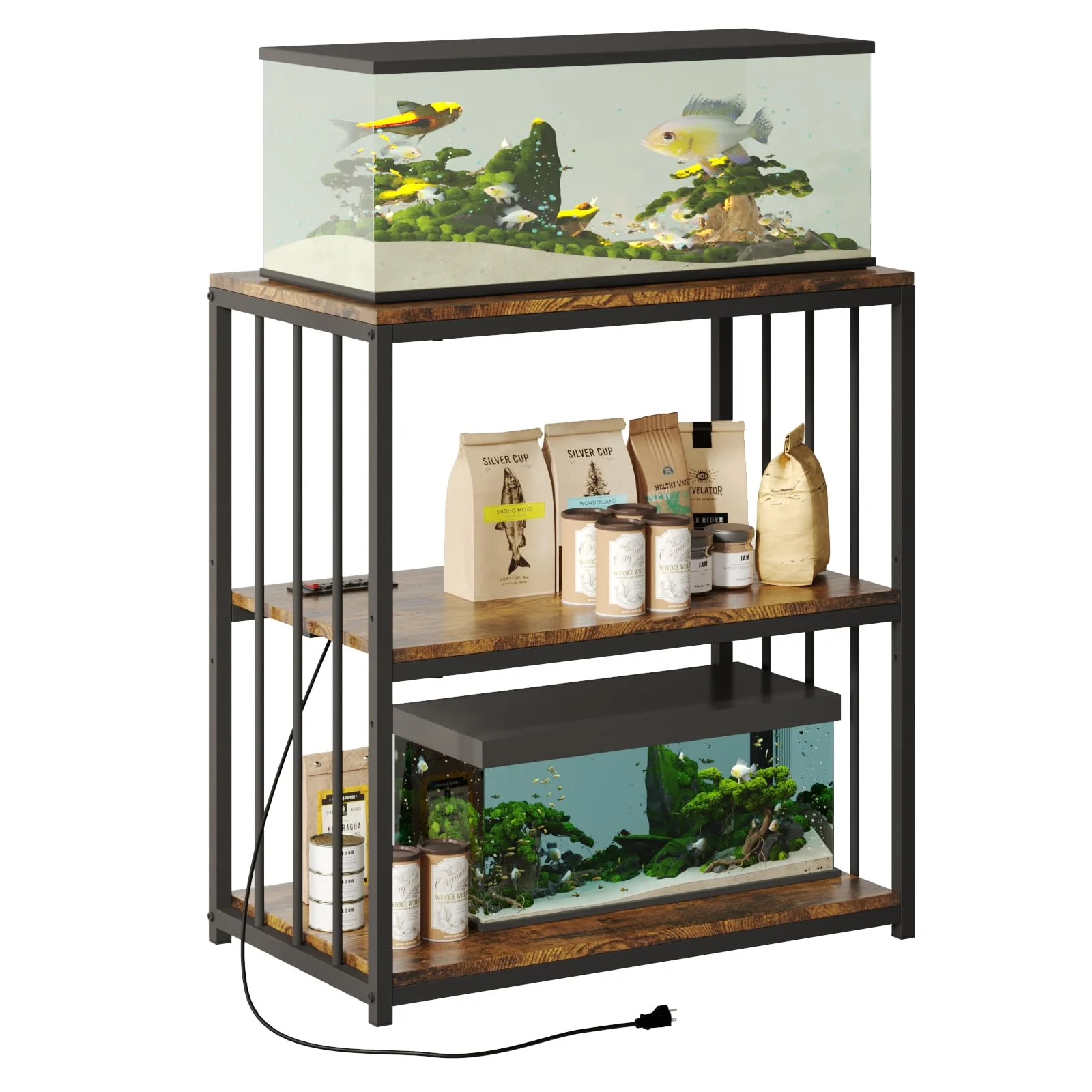 Contemporary HavenlyYouth 20-Gallon Fish Tank Stand with Power Outlet – 3-Tier Retro Brown Prestigious