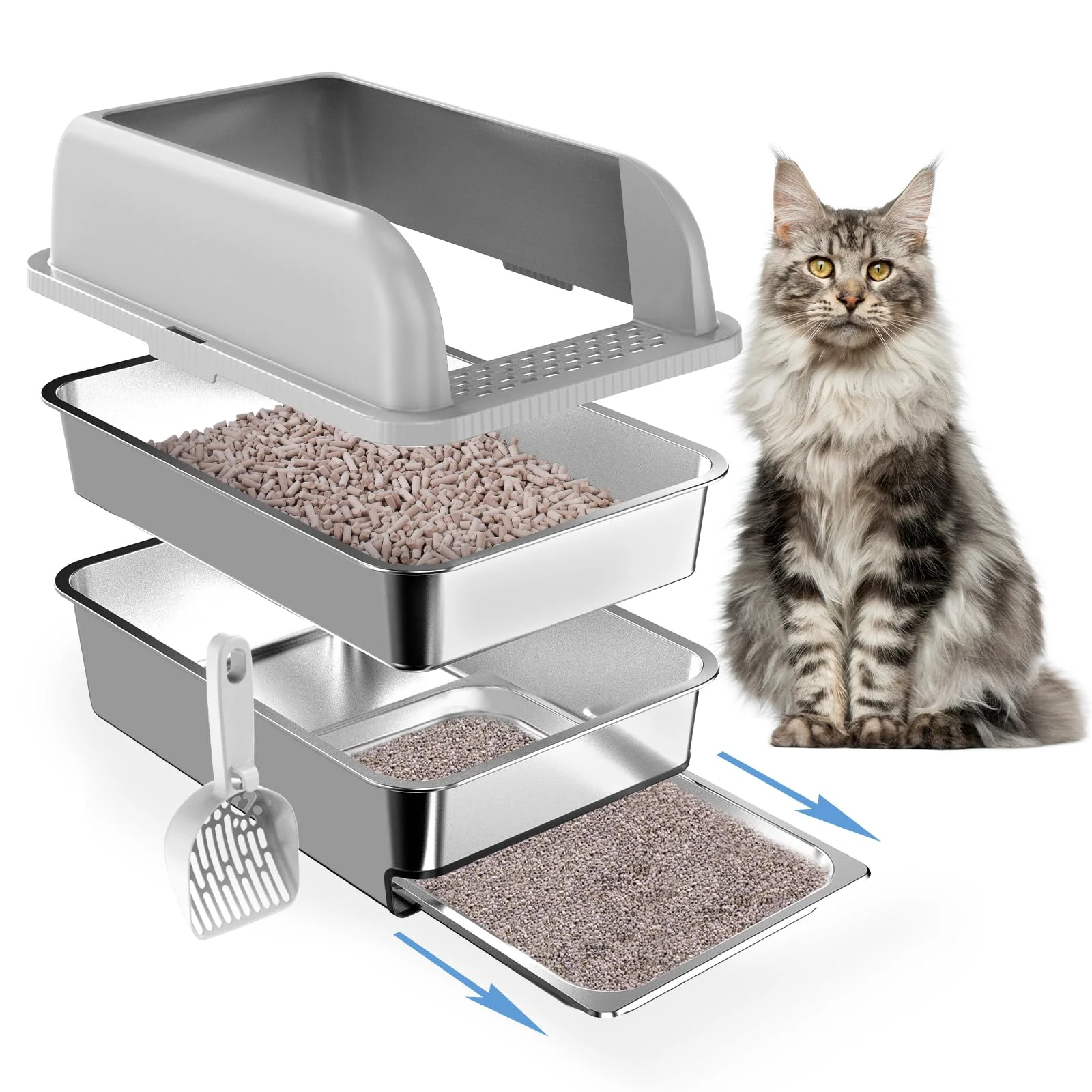 Refined Paw Libero XL Enclosed Stainless Steel Litter Box with Lid – Sifting High Sides Prestigious